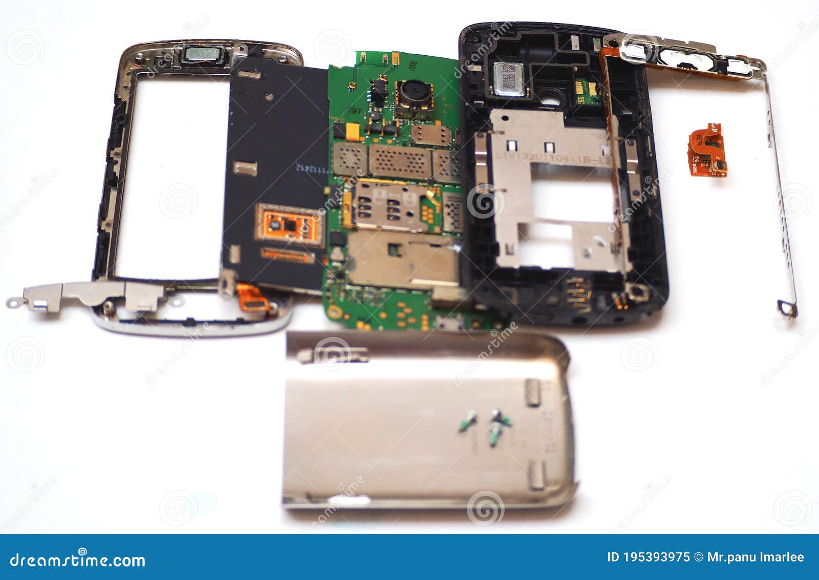 Broken Mobile Phone and Parts Mobile Disassembly Flat Lay of Smartphone