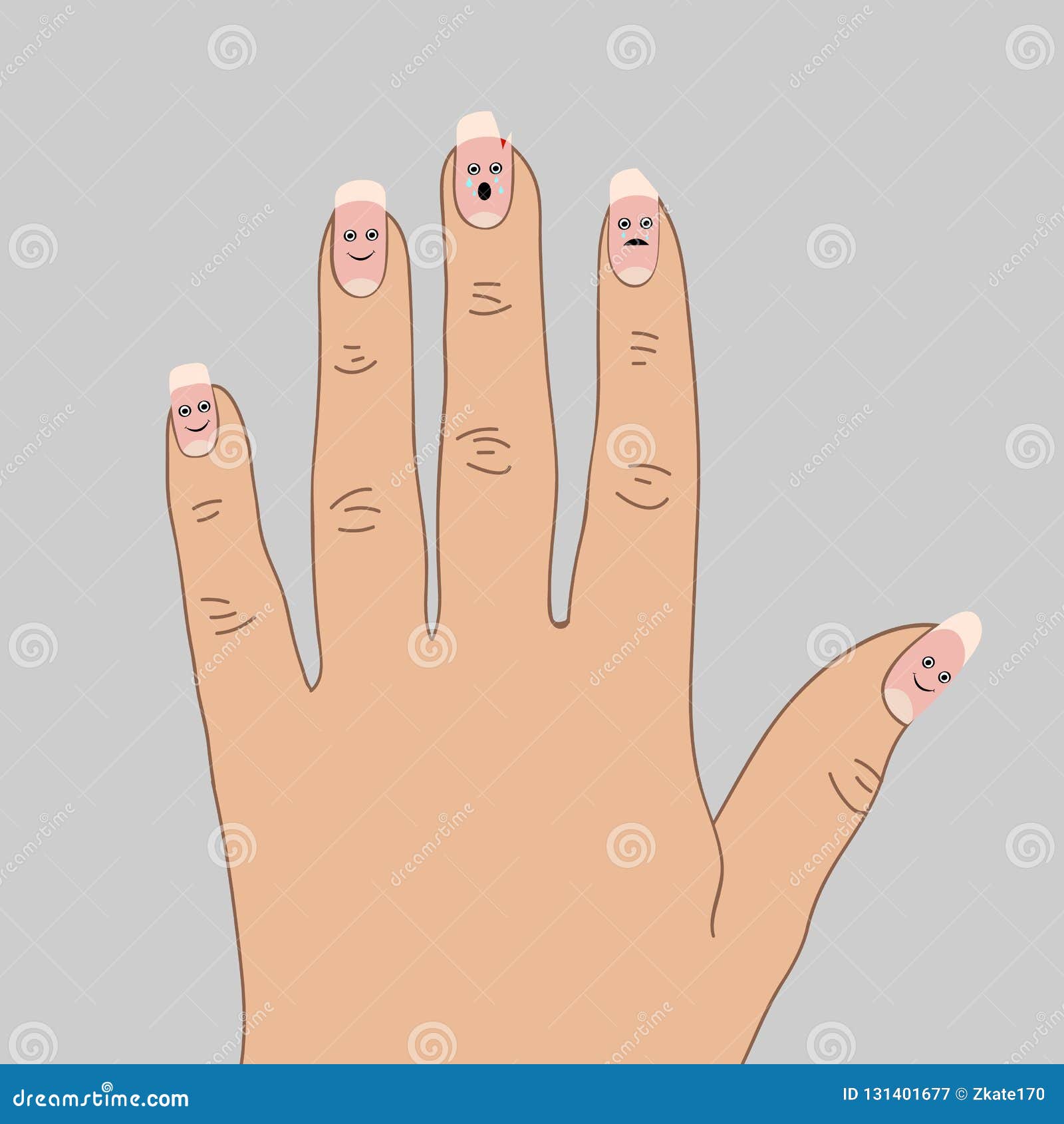 Woman demonstrating nail design. Top view of hand with long oval nails with  nude polish. Beauty salon. Colorful flat vector illustration in cartoon  style. Stock Vector | Adobe Stock