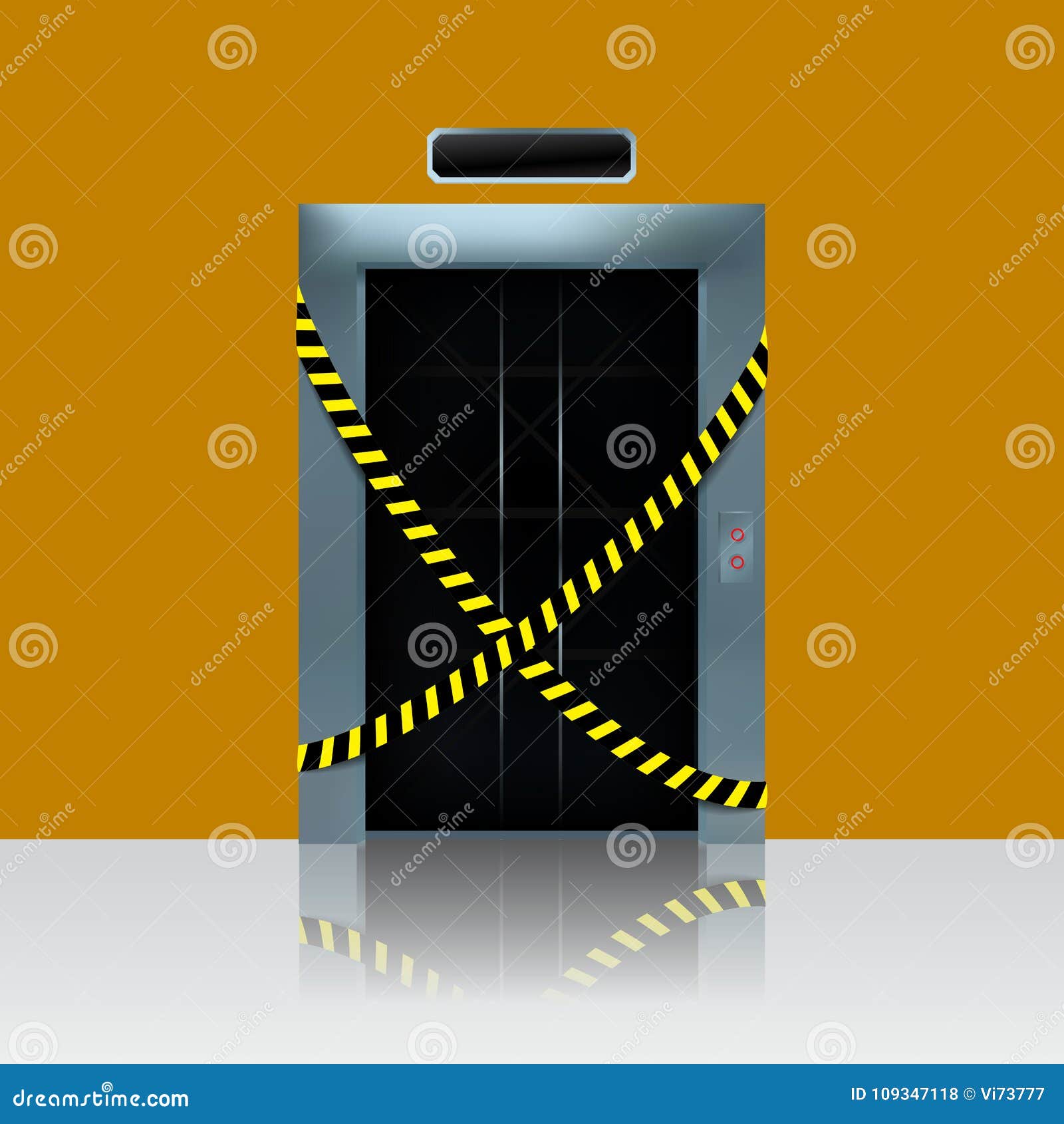 broken out of order elevator.   of elevator shaft with caution ribbon.