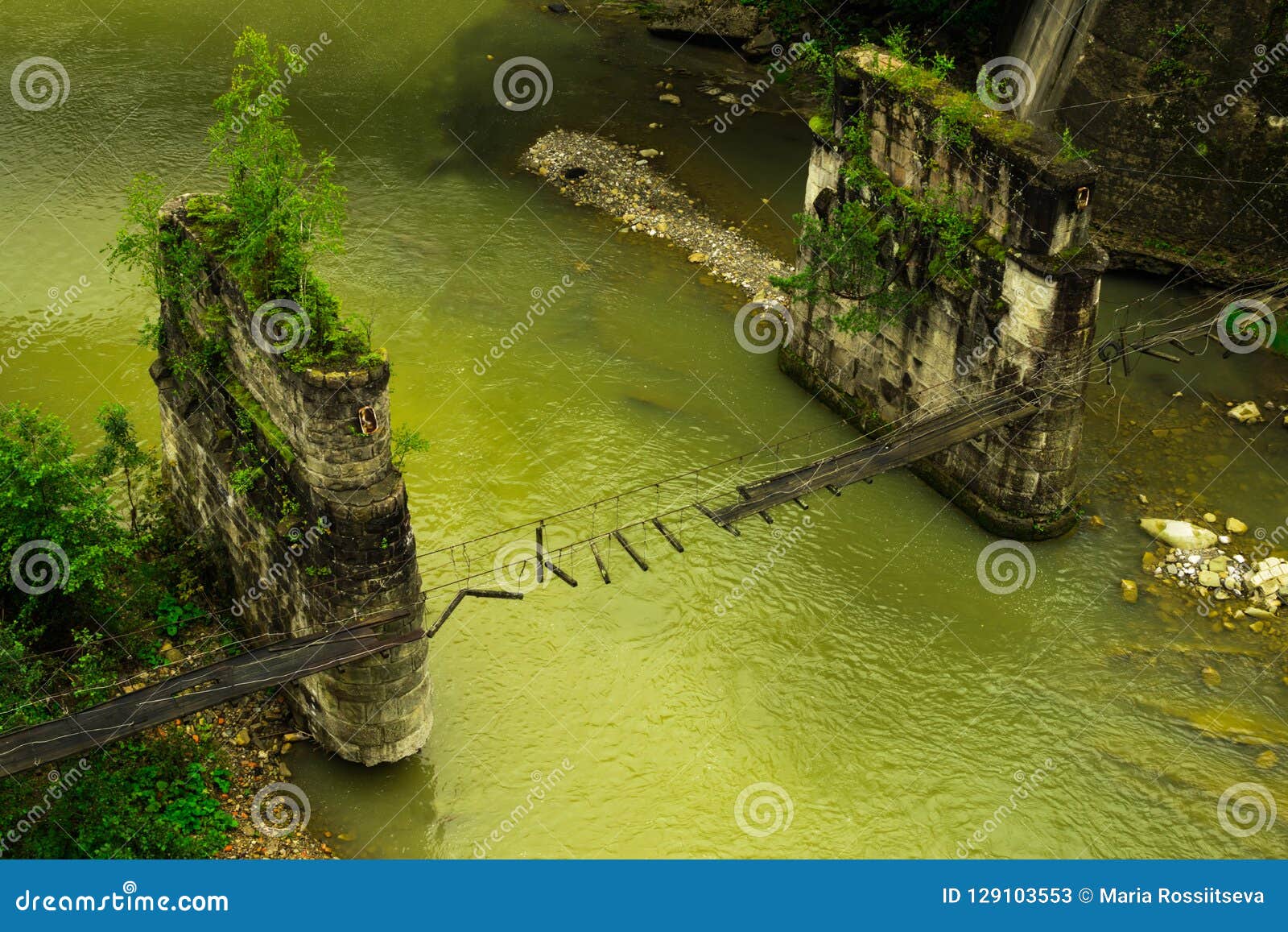 Broken Pedestrian Suspension Bridge Across Mountain River Stock Image -  Image of architecture, stony: 129103553