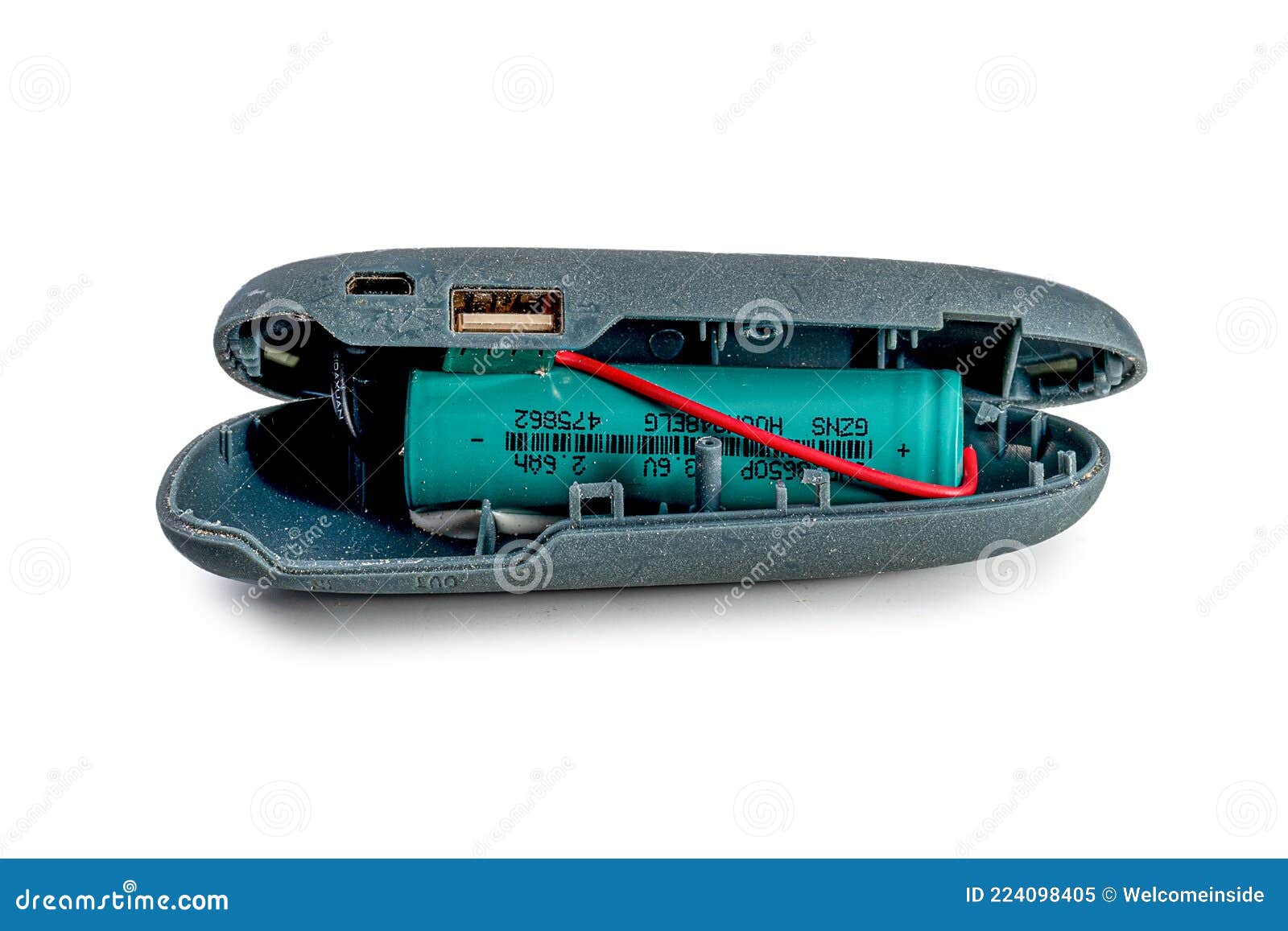 Broken Power Bank Device. Gadget Power Bank Battery Damage Stock Image