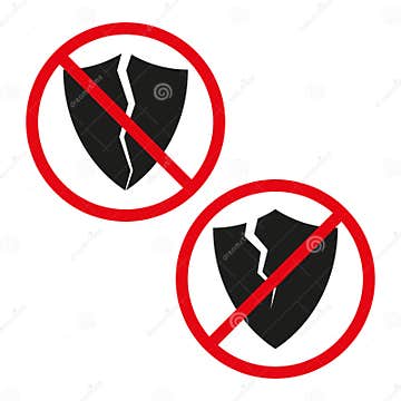 Broken Shield Symbol. Red Prohibition Circle. Security Breach Warning