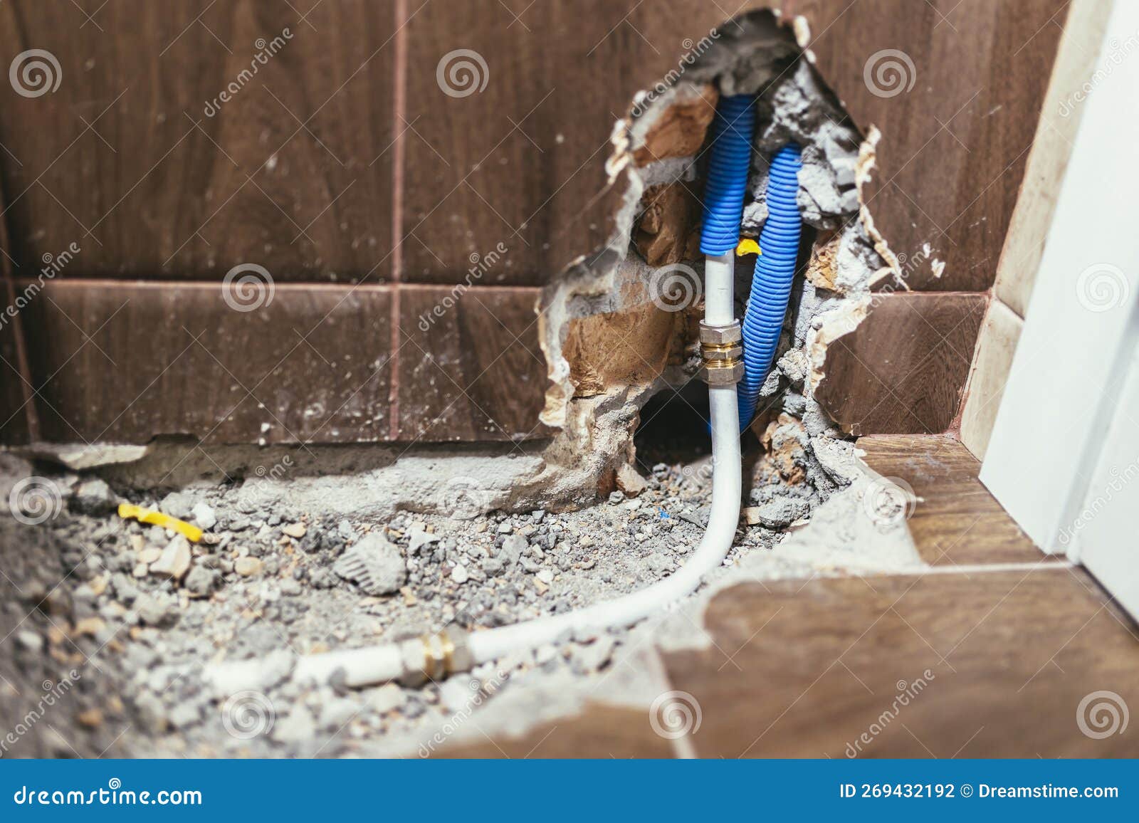 Broken Wall Tile and during Repairing of Heated Rail Stock Photo