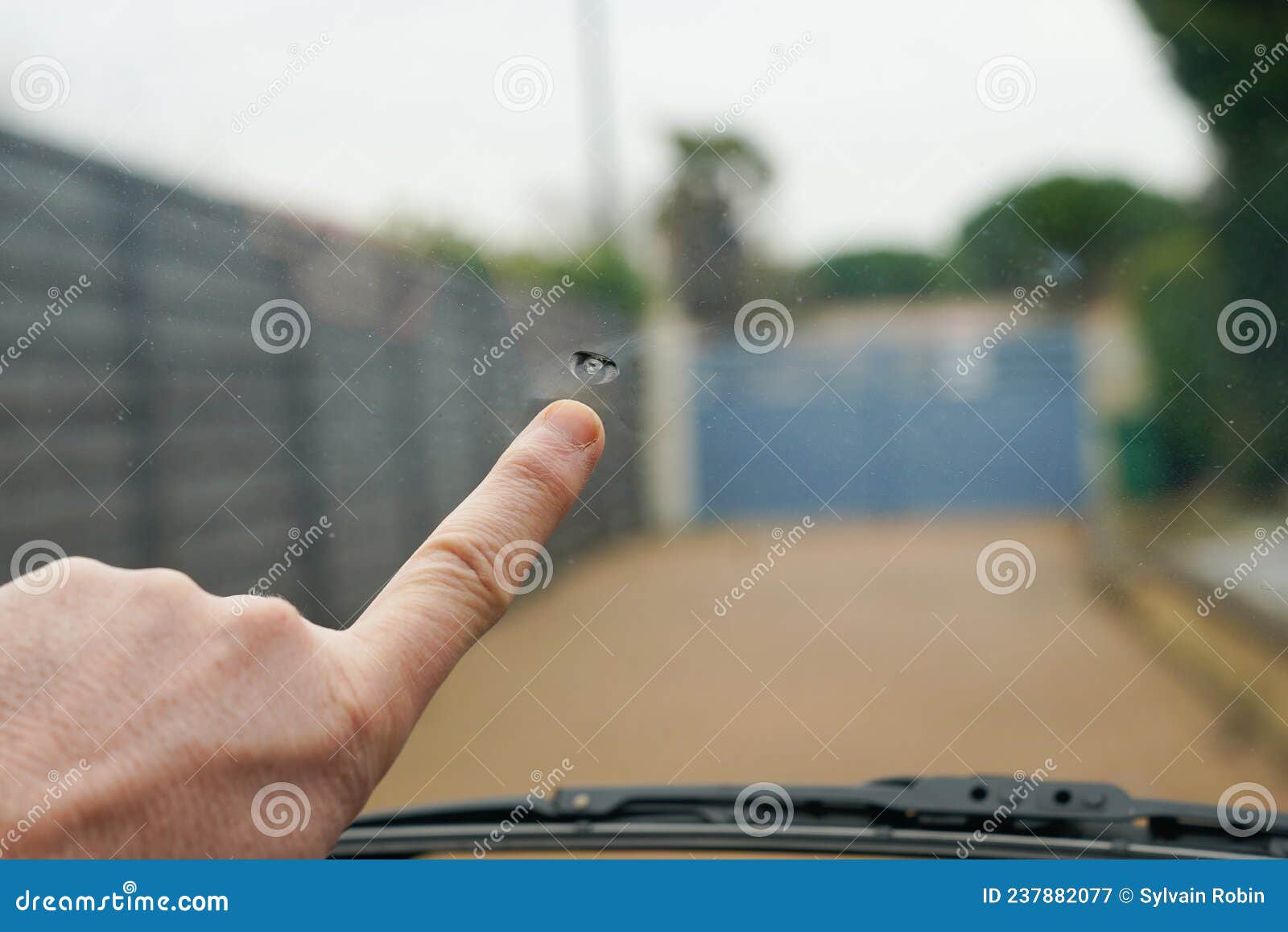 Broken Windshield Motorcar Smashed Windscreen of a Car Cracked Glass Pointed Watch of Finger
