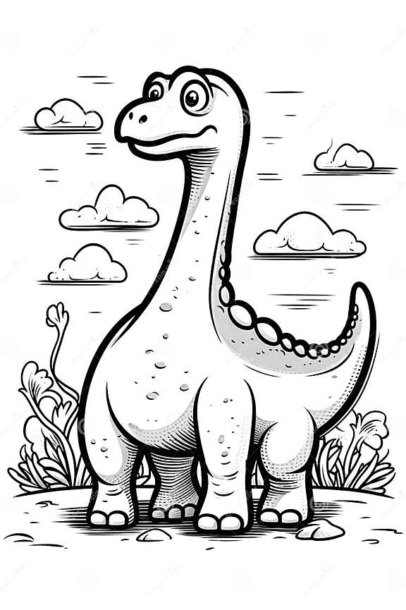 Brontosaurus. Dinosaur, Cartoon Style. Coloring Page. Stock