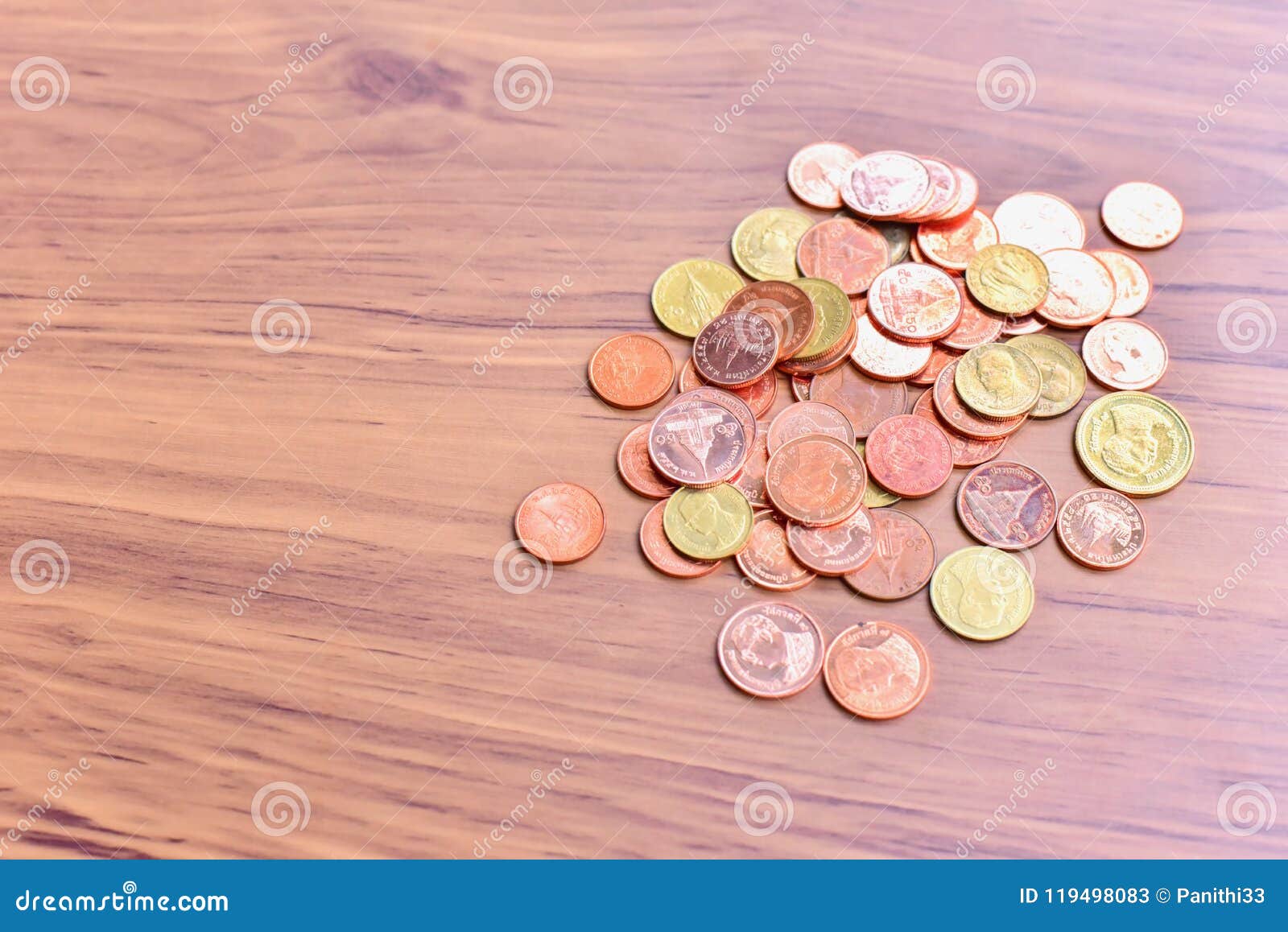 Bronze and Gold Coins on Wooden Table Stock Image Image of golden