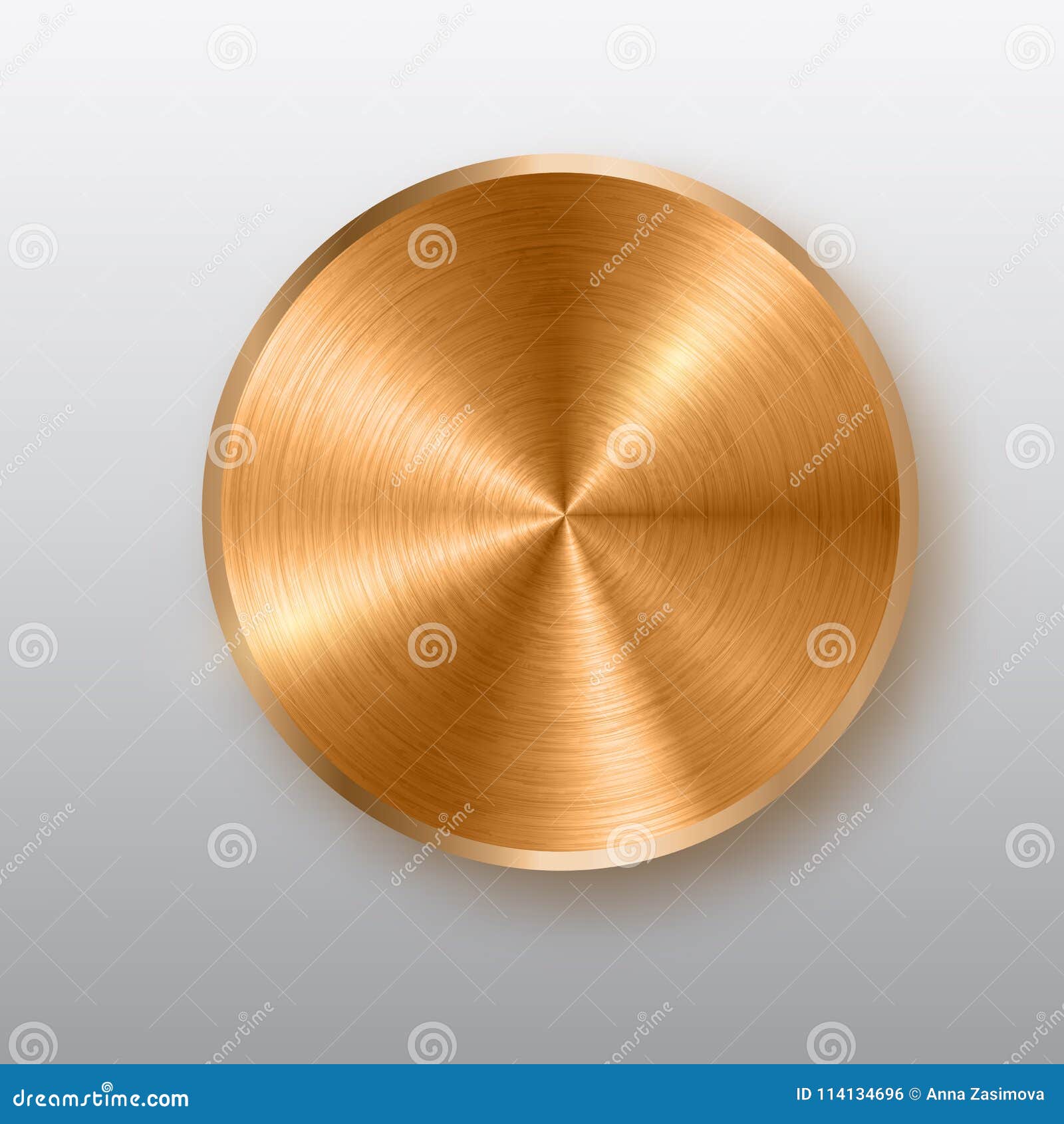 Bronze Metal Button with Texture, Realistic Shadow and Light Background