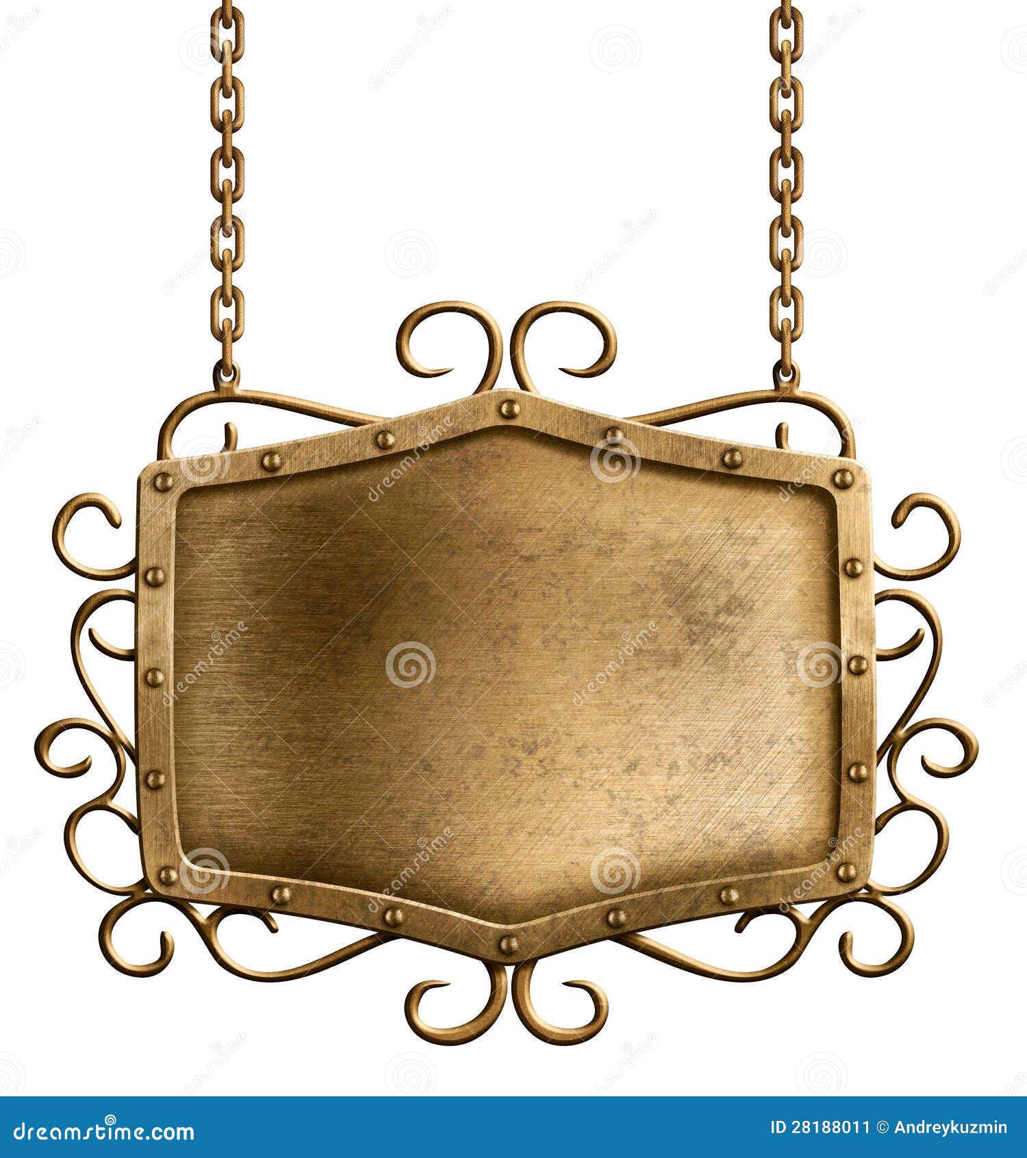 bronze metal signboard hanging on chains 