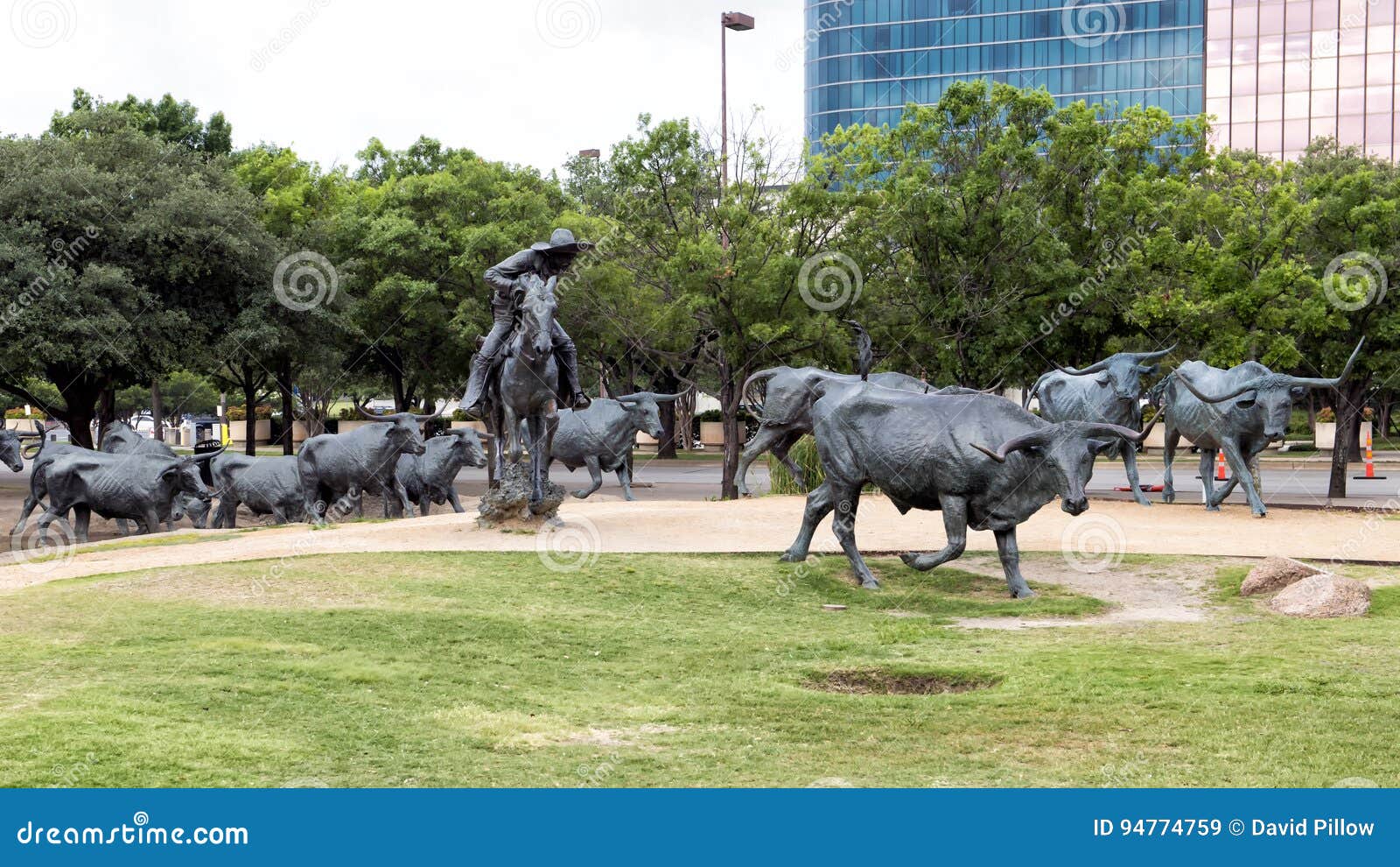 bronze steers and cowboy sculpture pioneer plaza, dallas