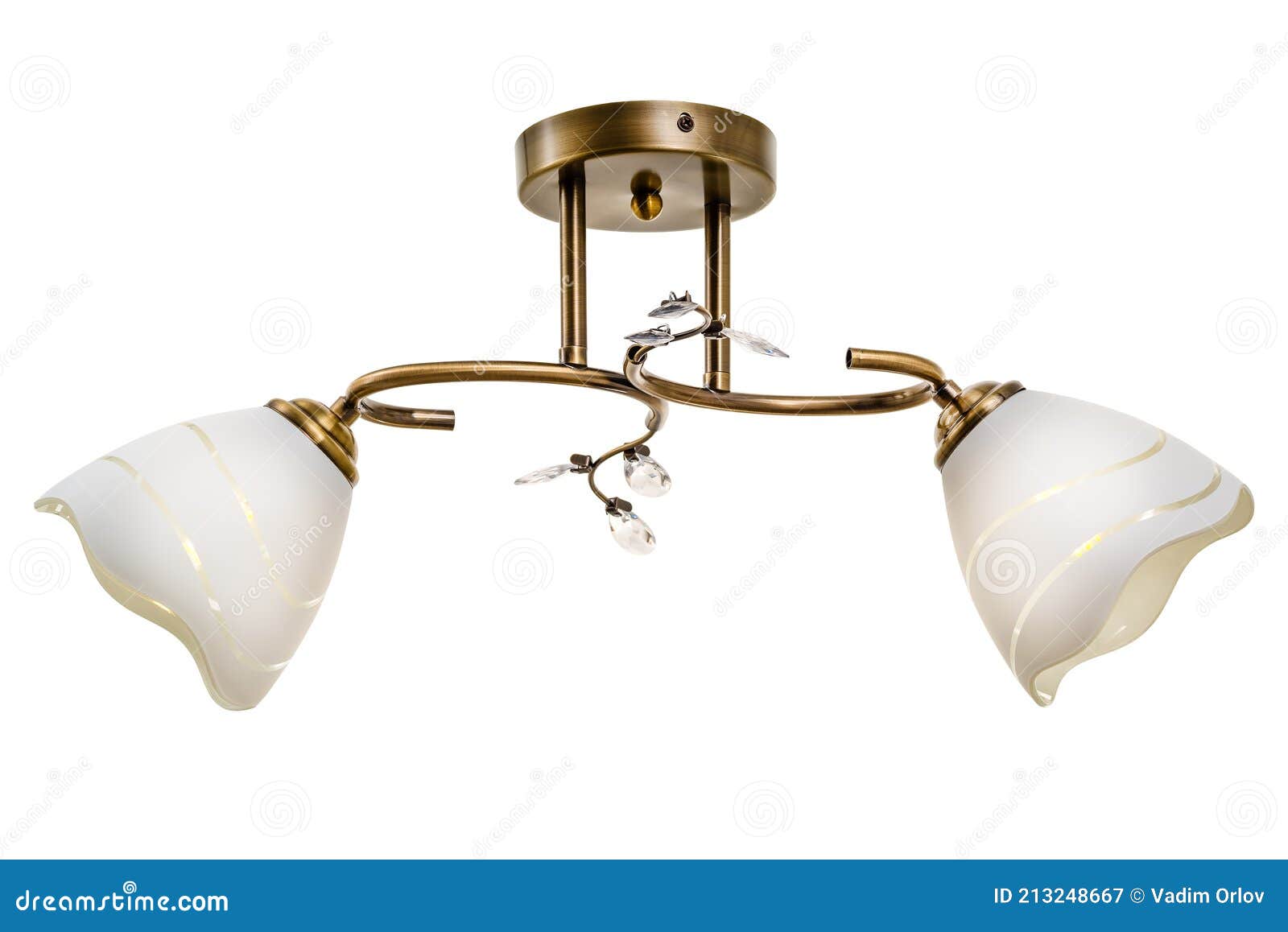 bronze two-lamp ceiling lamp with white flower-like shades ornamented with transverse wave-like stripes