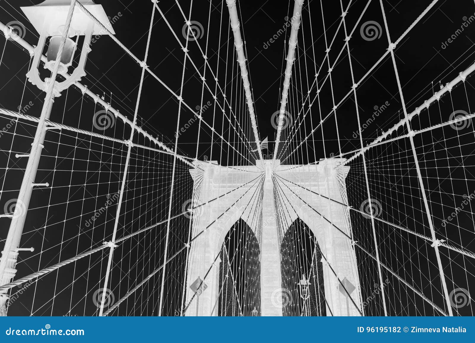 brooklyn bridge, black and white invert photo, new york city, usa