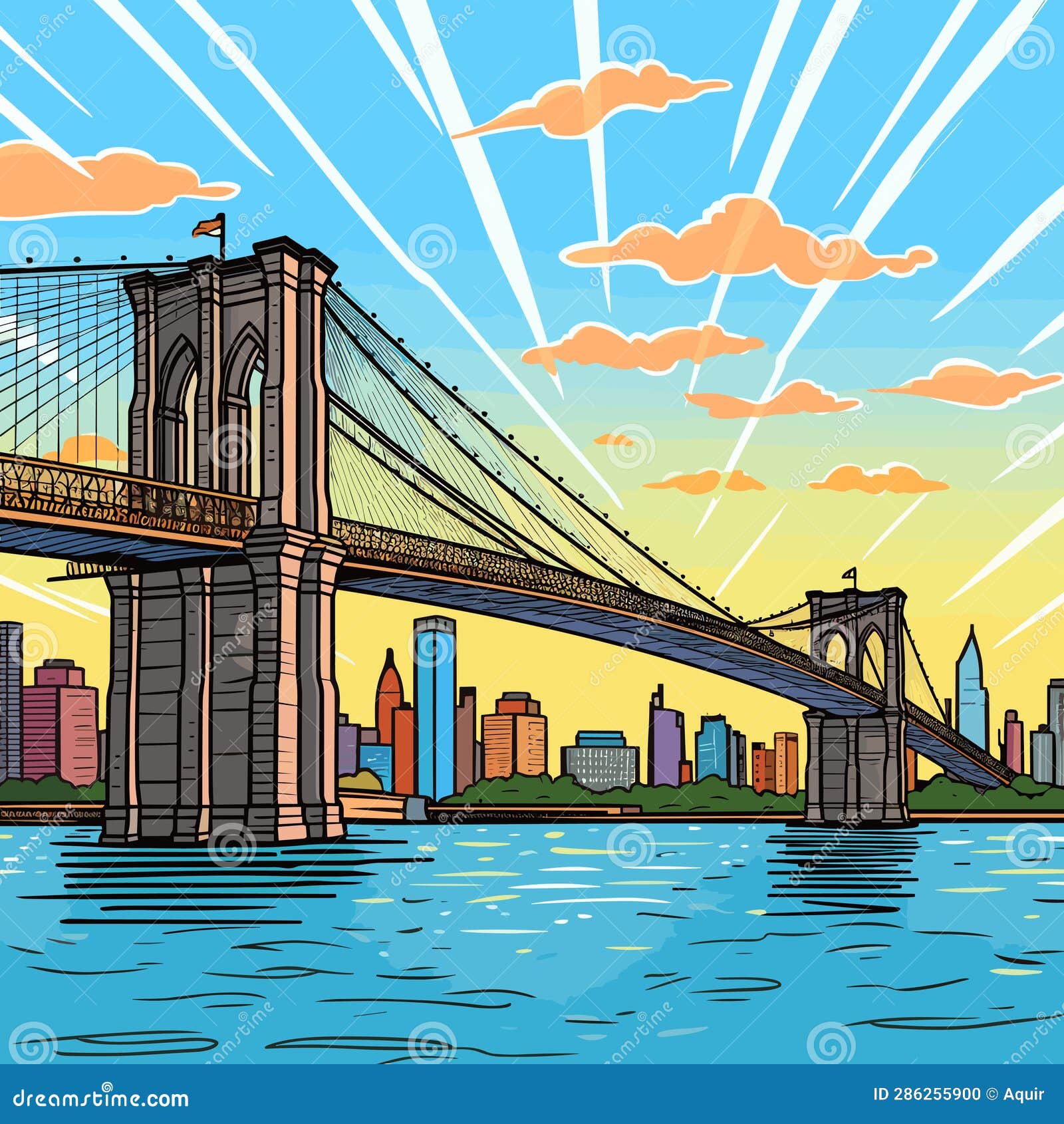 Brooklyn Bridge. Brooklyn Bridge Hand-drawn Comic Illustration. Vector ...