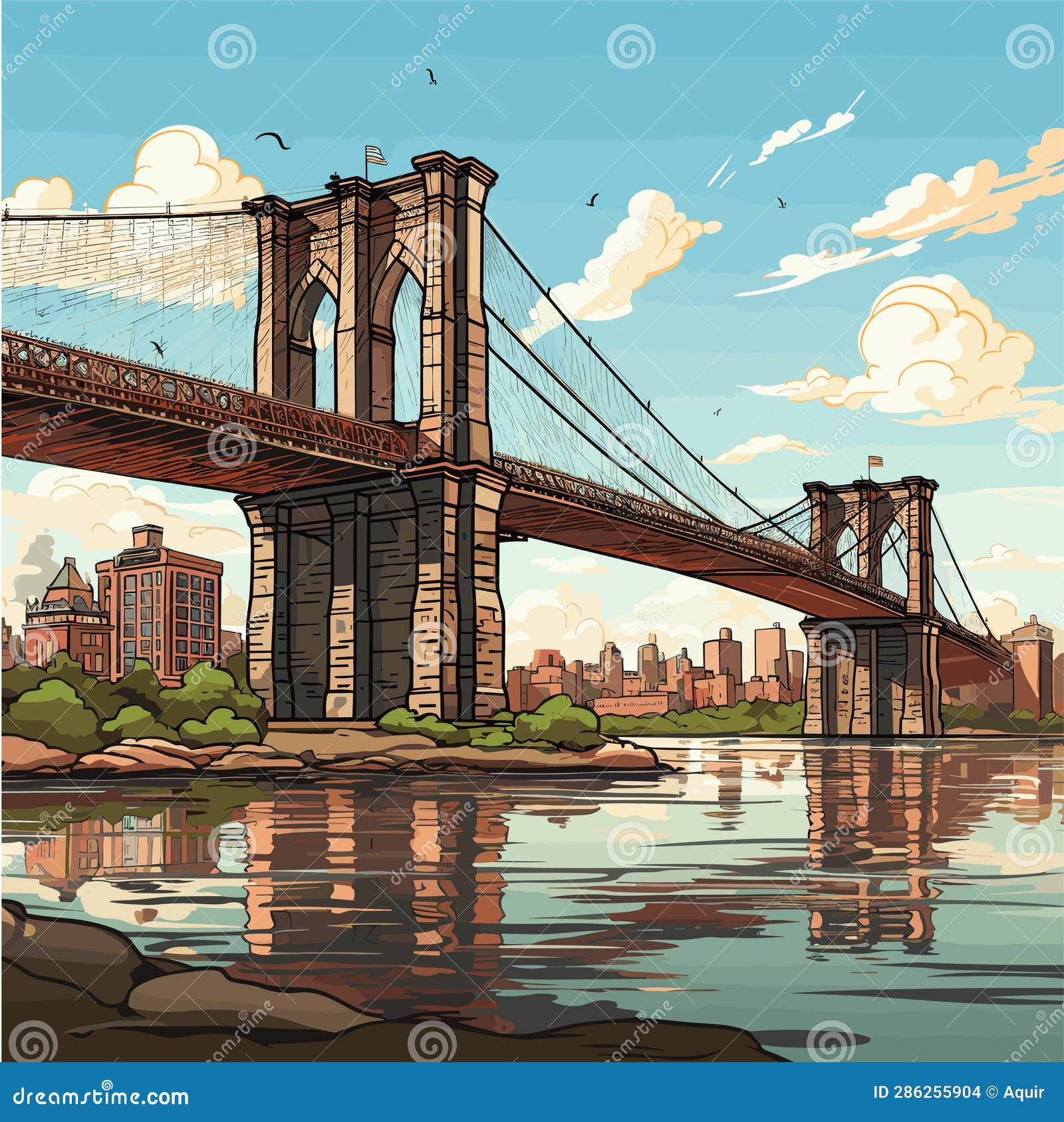 Brooklyn Bridge. Brooklyn Bridge Hand-drawn Comic Illustration. Vector ...