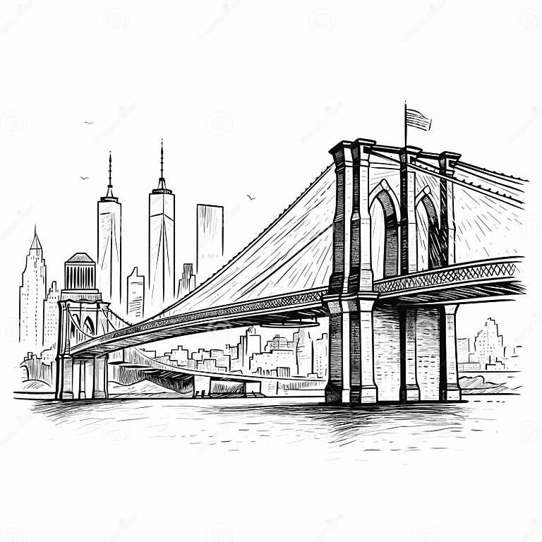 Brooklyn Bridge. Brooklyn Bridge Hand-drawn Comic Illustration. Vector ...