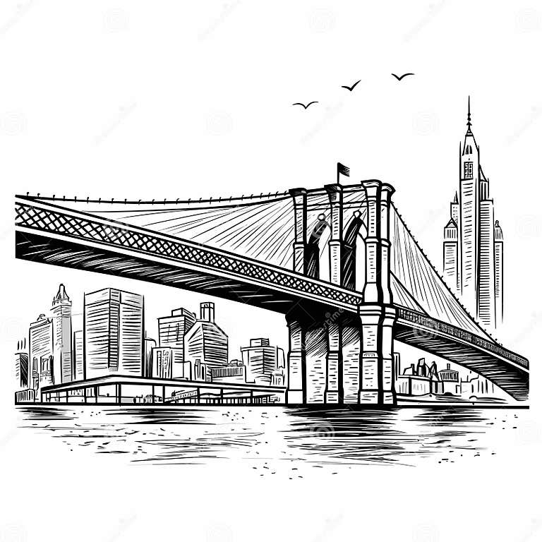 Brooklyn Bridge. Brooklyn Bridge Hand-drawn Comic Illustration. Vector ...