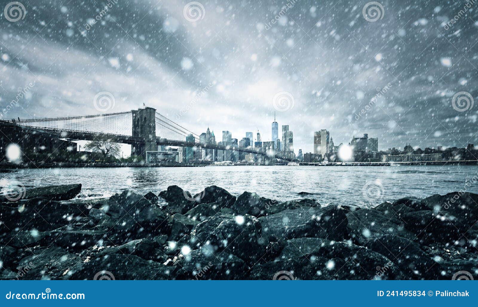 Brooklyn Bridge in New York during Snowfall Stock Photo Image of