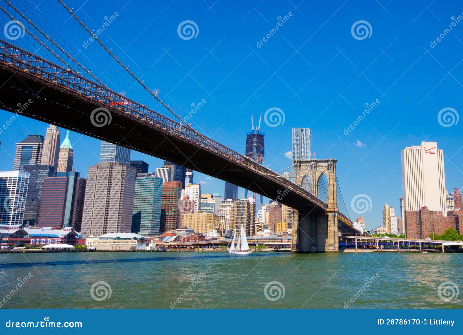 New York Brooklyn Suspension Bridge River Boat Sailboat City Stereoview E332