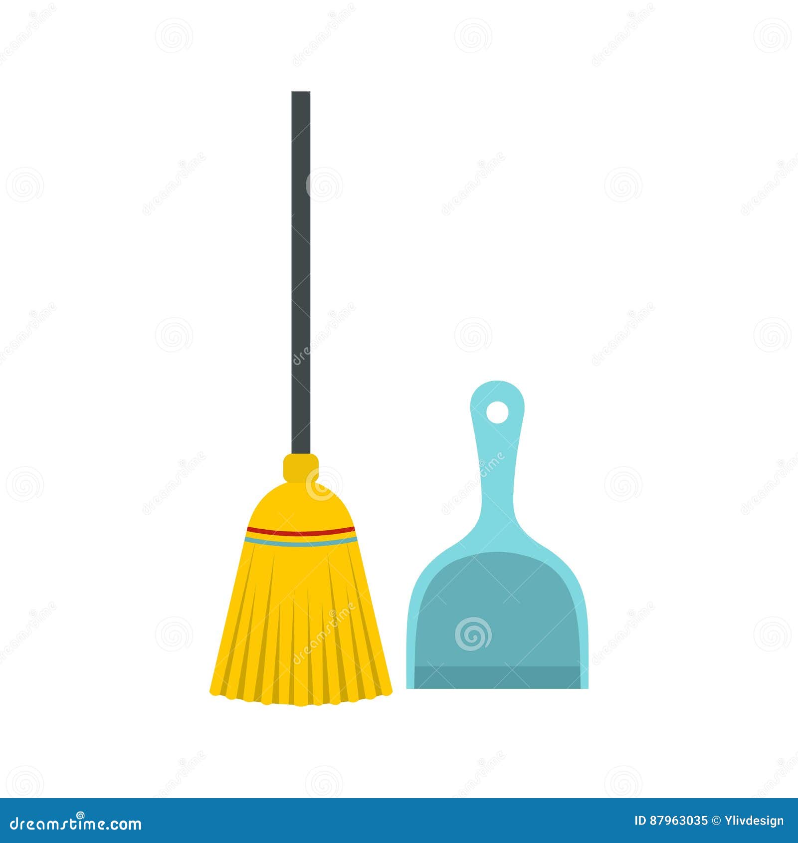 Broom and Dustpan Icon, Flat Style Stock Vector Illustration of