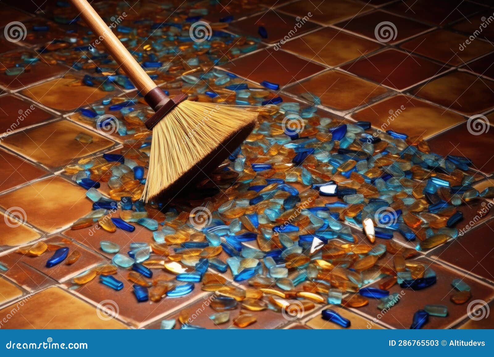 Broom Sweeping Broken Glass on a Tiled Surface Stock Image Image of