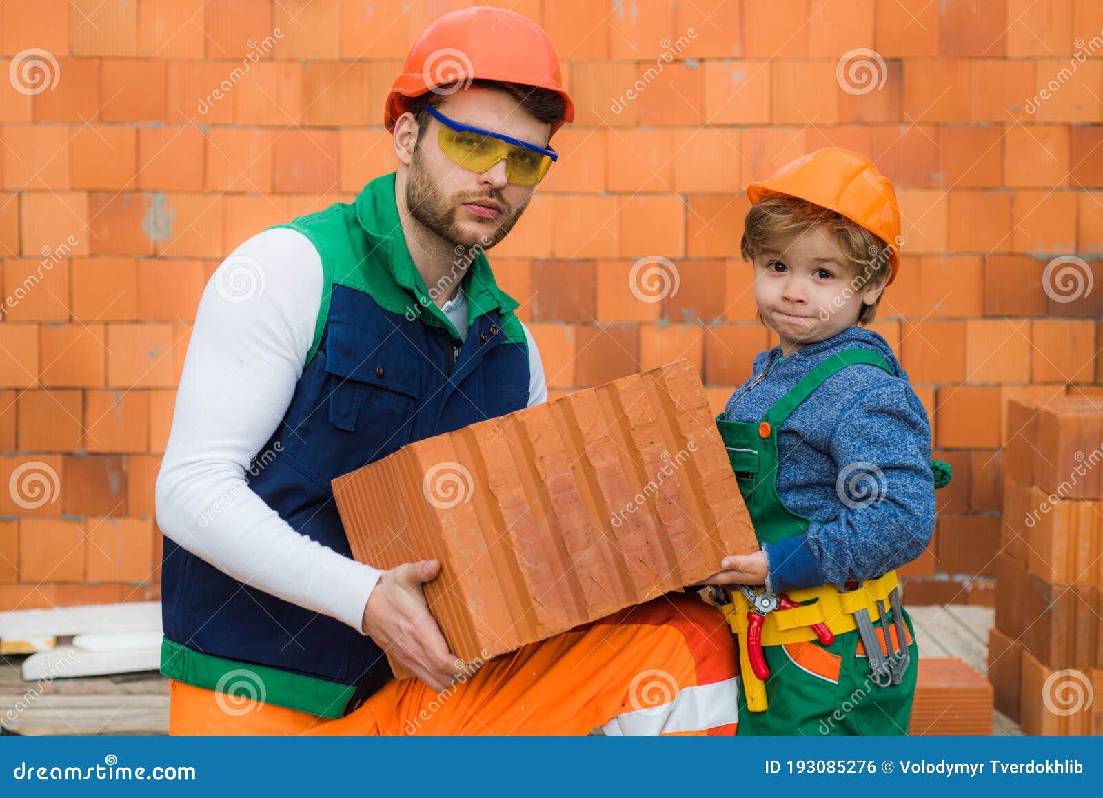 Brothers Bricklayers Make Masonry, Builders Work with Brick Layer