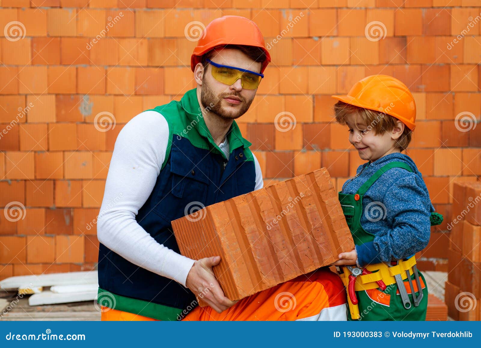 Brothers Helping Concept. Bricklayer Installing Bricks on Construction