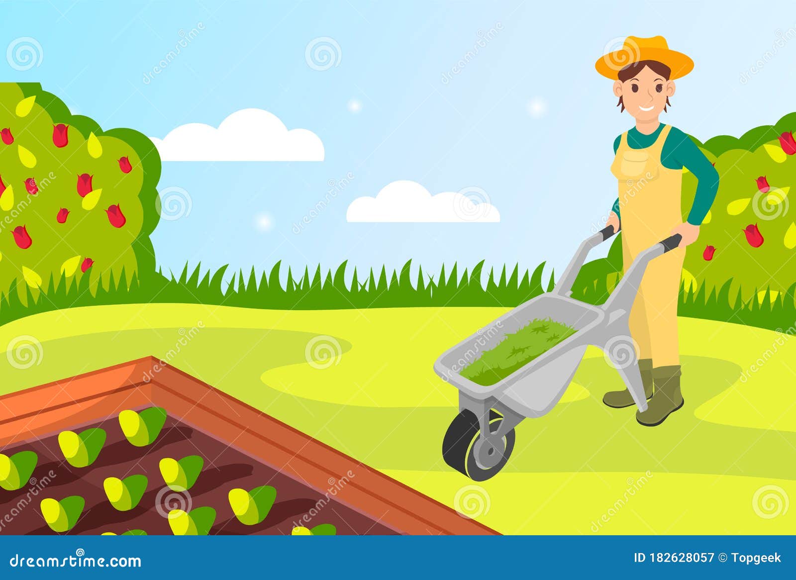 illustration mignonne avec brouette et outils de jardin. prendre