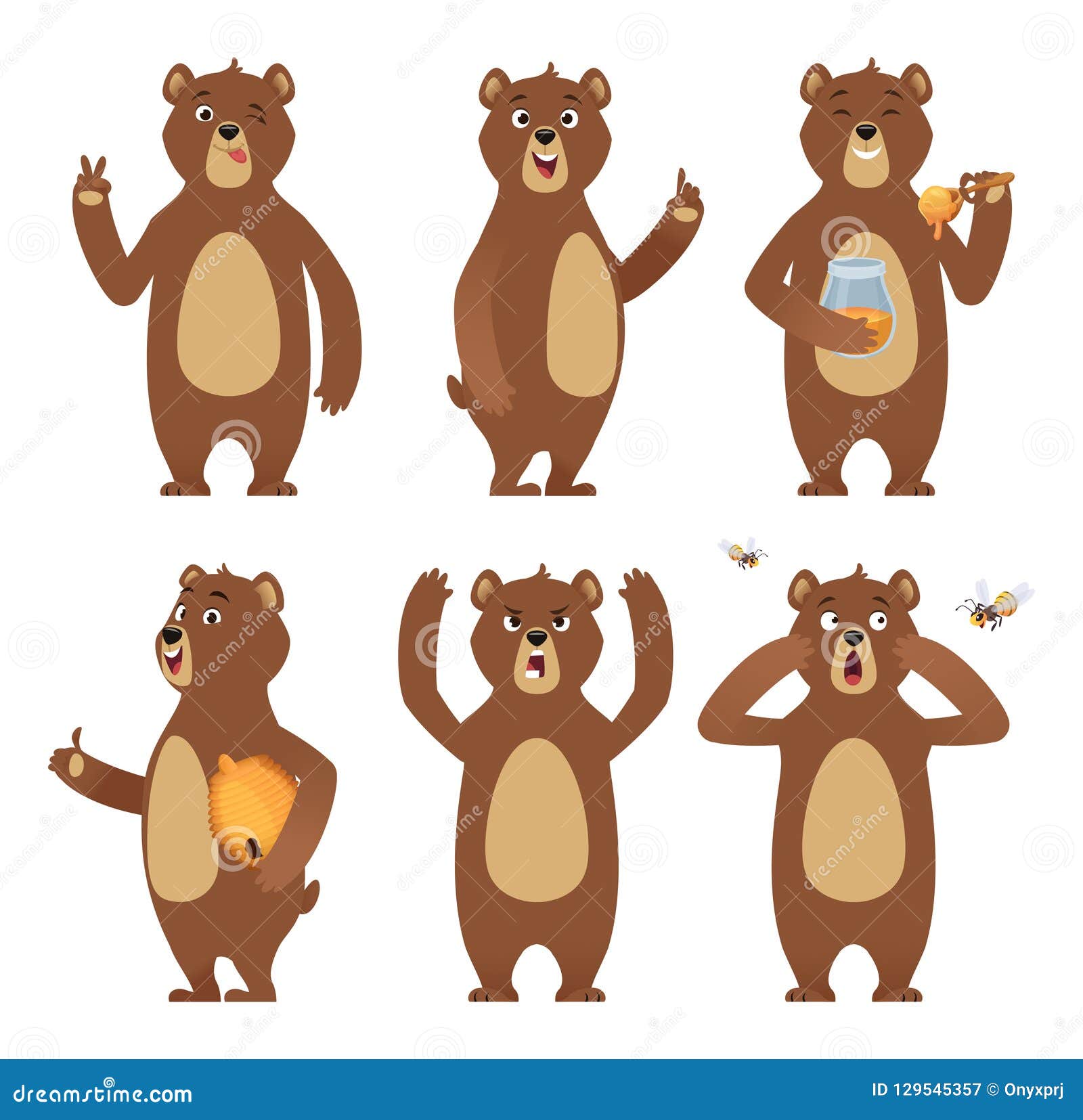Brown Bear Cartoon. Wild Animal Standing at Different Poses Nature  Characters Vector Collection Stock Vector - Illustration of honeybee, cute:  129545357