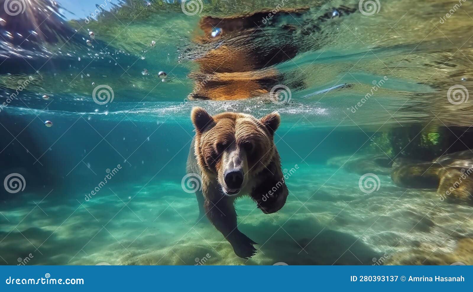 Brown Bear Catches a Salmon in the River. Generative Ai Stock