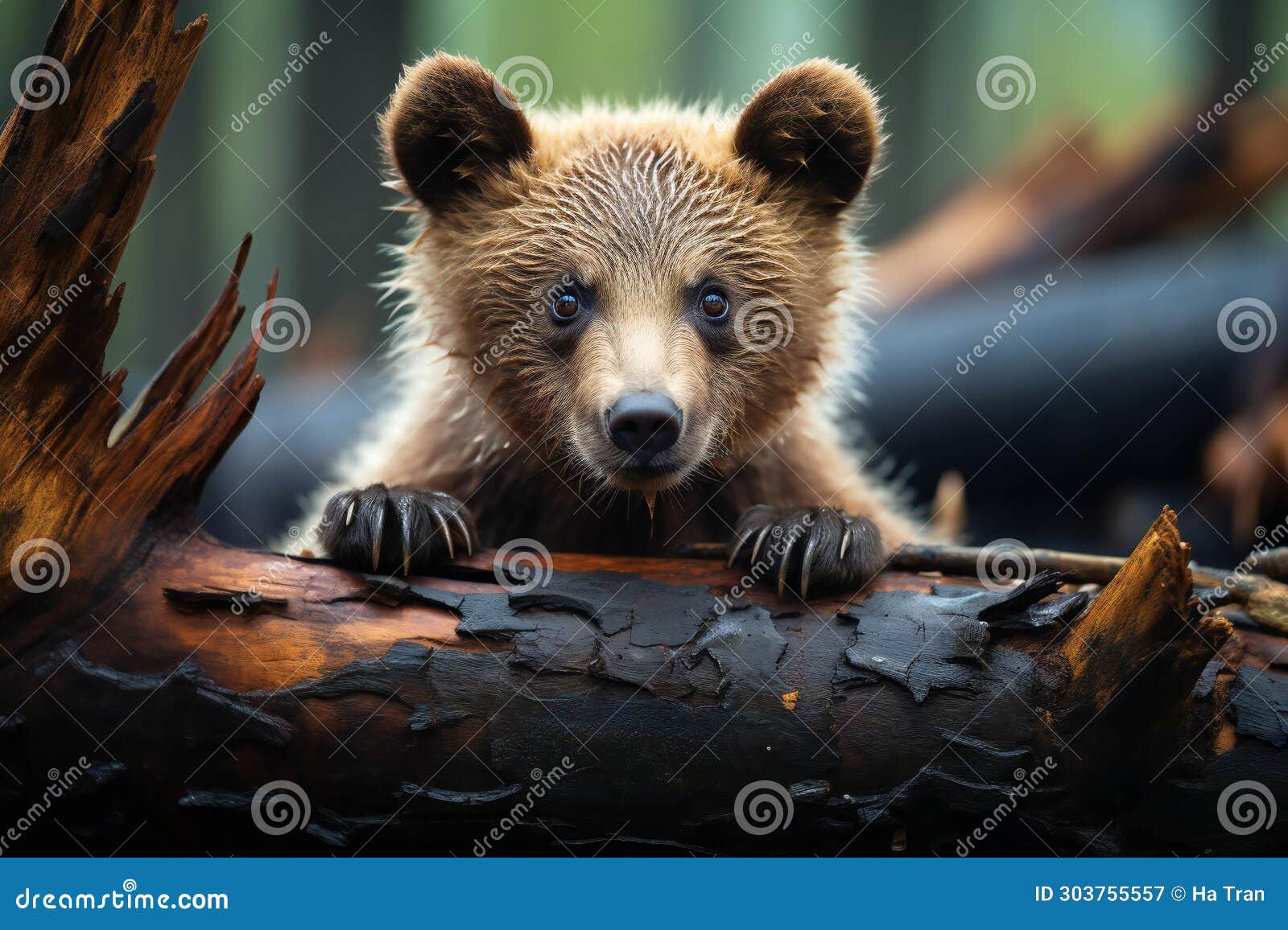 brown bear cub on a log in the forest,  animal theme