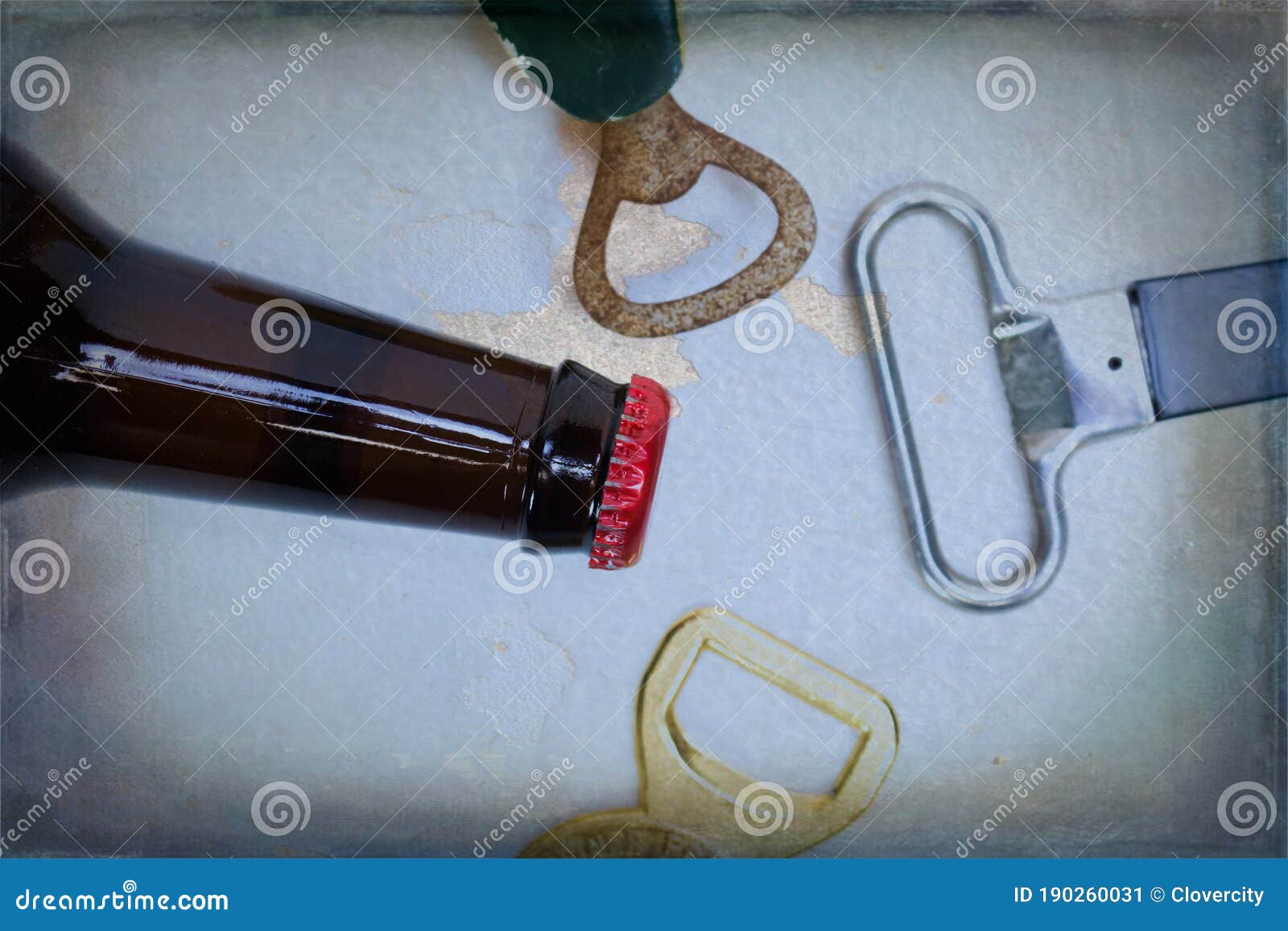 Brown Beer Bottle with Three Can Openers Stock Image Image of openers