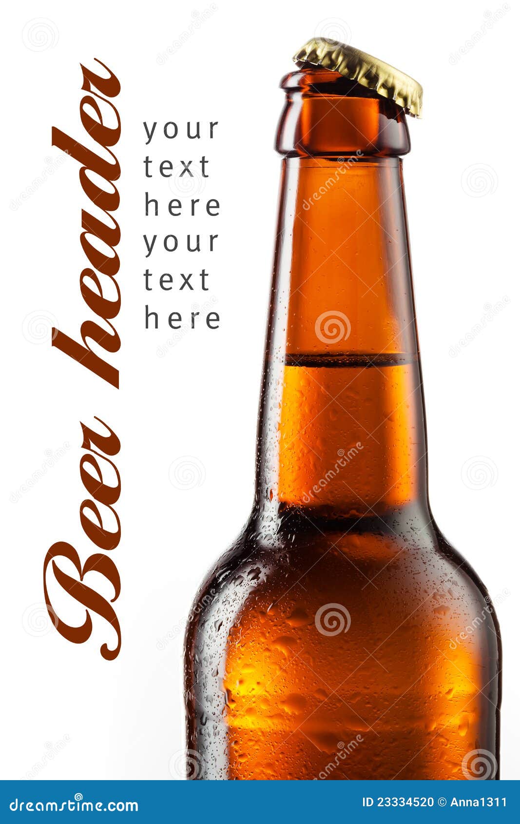 Brown Bottle of Beer with Drops Isolated on White Stock Photo Image