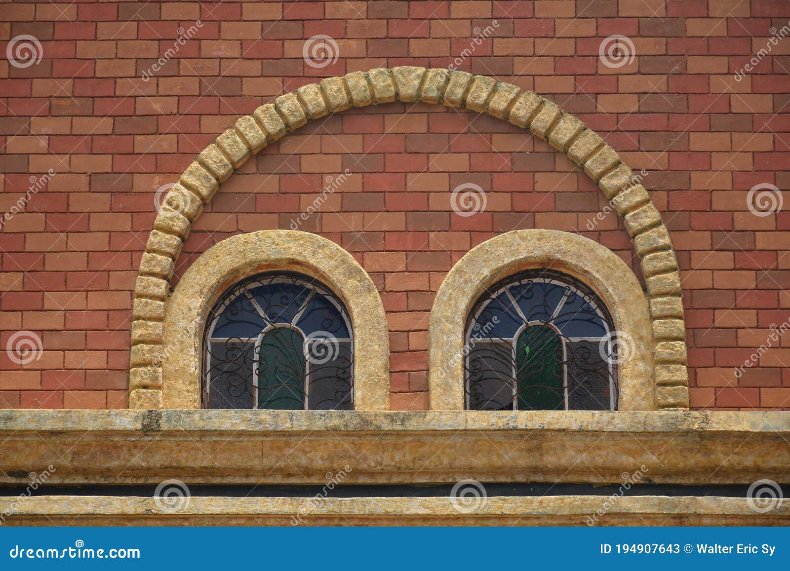 Brown Bricks with Stained Glass Window Arch Design Stock Image Image