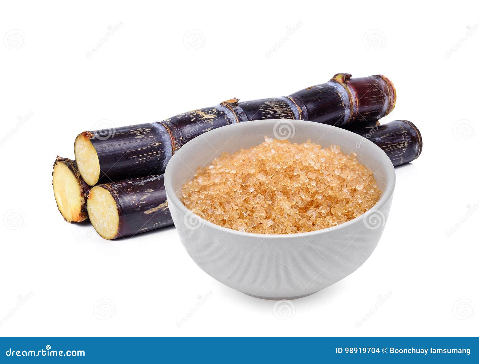 Brown Cane Sugar in the White Cup with Fresh Sugarcane Stock Photo