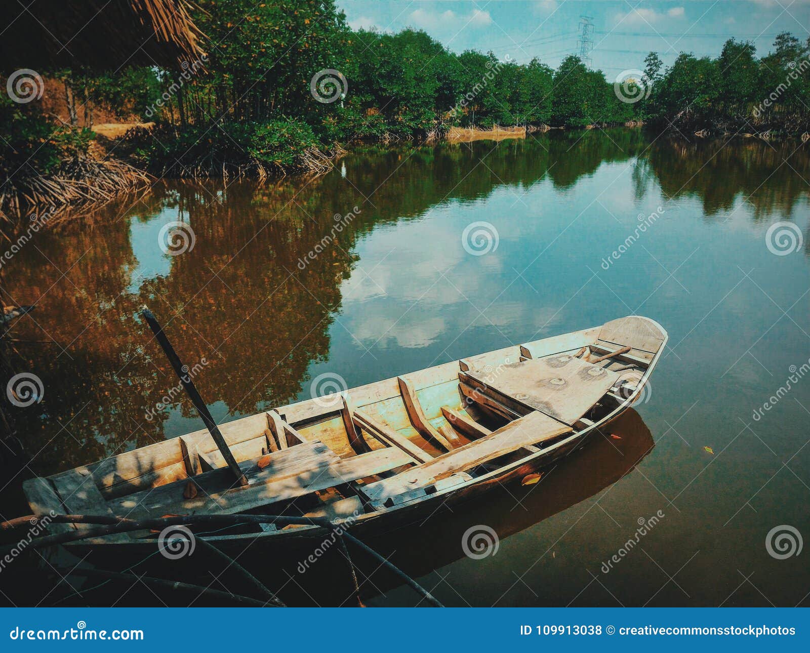Brown Canoe Boat On Body Of Water Picture. Image 109913038