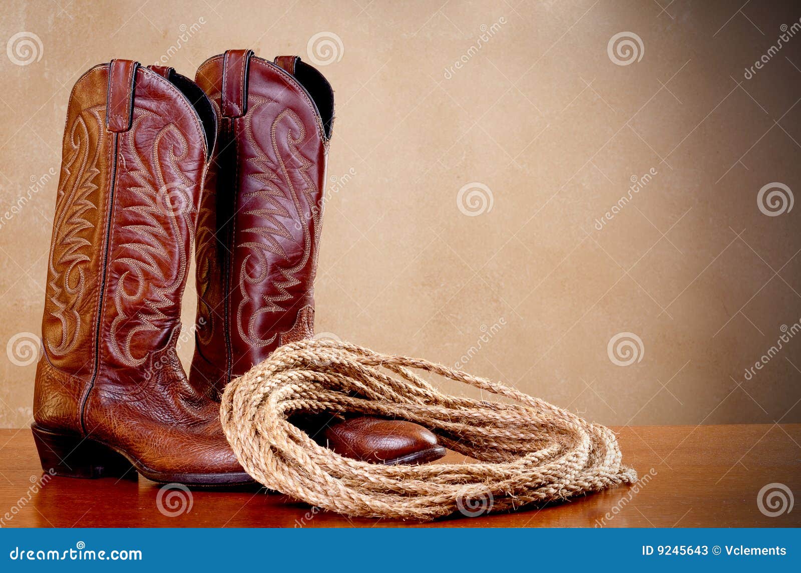 brown cowboy boots and a coil of rope on brown
