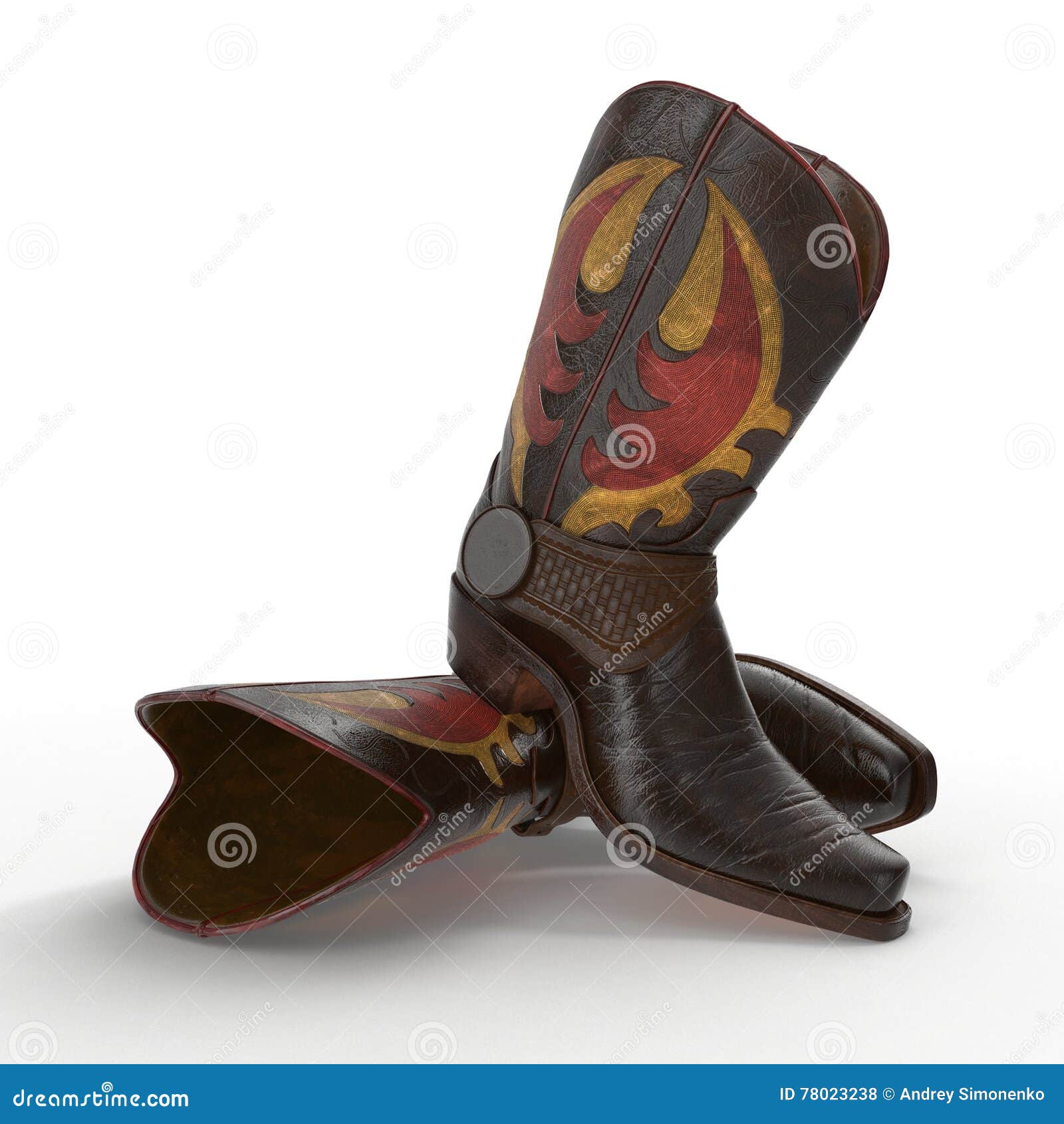 Brown Cowboy Boots With Ornamental Stitching On White. 3D Illustration ...