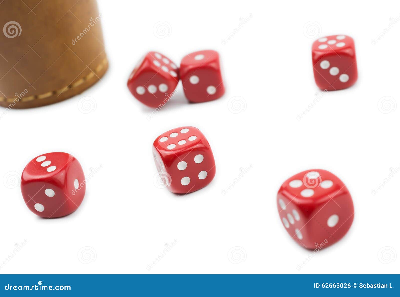 Brown Dice Cup and Six Red Dices in a White Box Stock Photo Image of