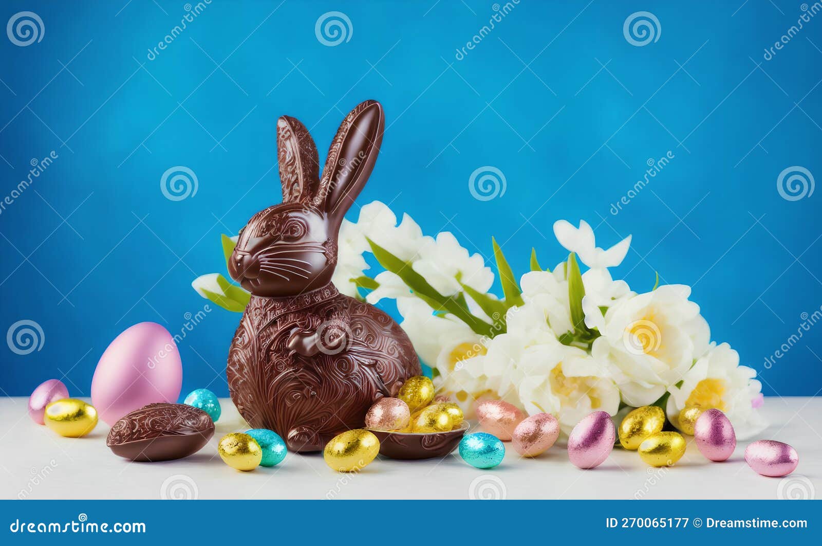 Brown Easter Holiday Chocolate Bunny, Eggs, and Candies, AI Stock