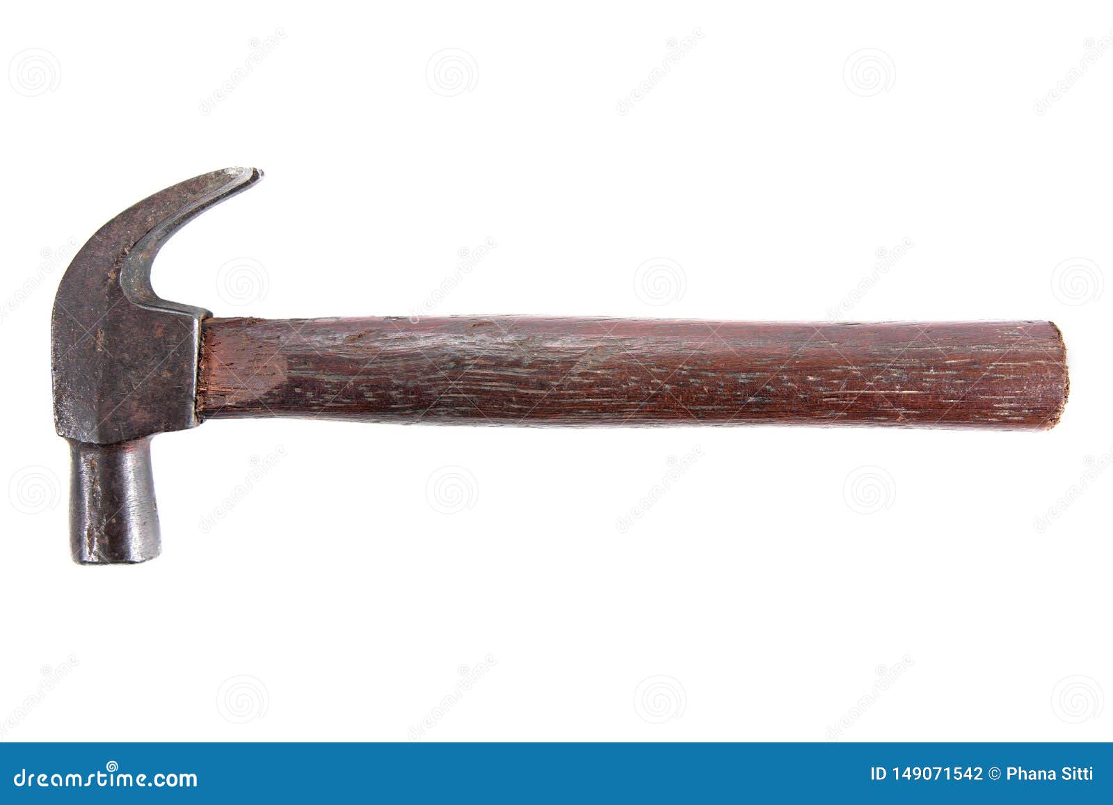 Brown Hammer on White Background. Small Iron Hammer with Wooden Handle