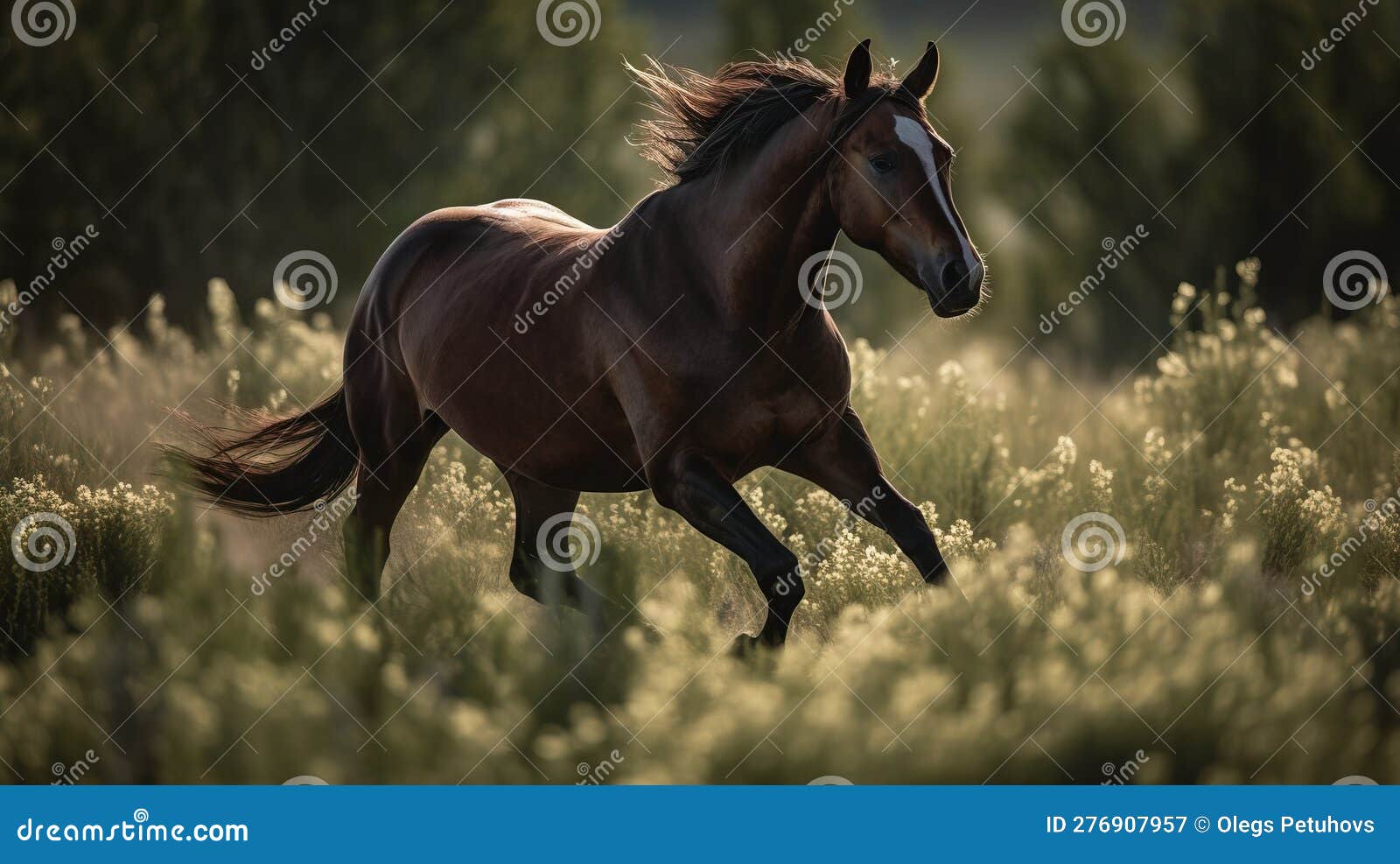 a brown horse running through a field of tall grass and flowers with trees in the backgrouds of the picture in the background