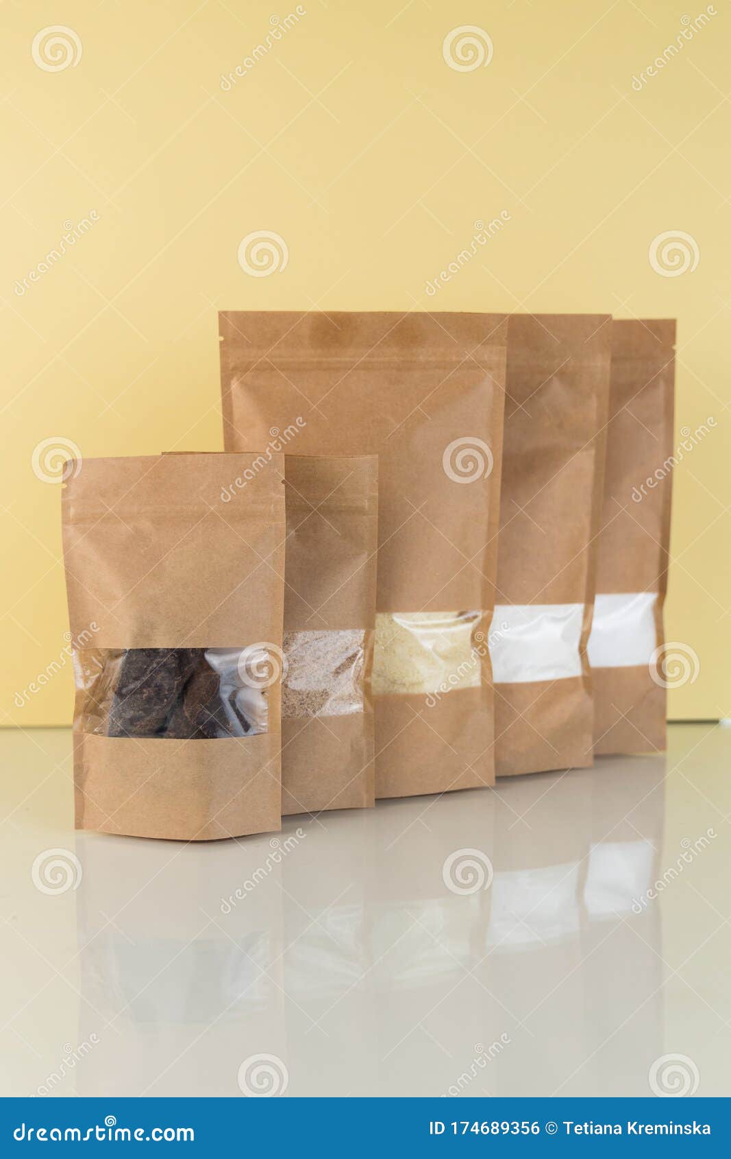 Brown Kraft Paper Doypack Bags With Groceries Front View On A Yellow Background Packaging For Foods And Goods Template Mock Up Stock Photo Image Of Nutrition Caffeine 174689356