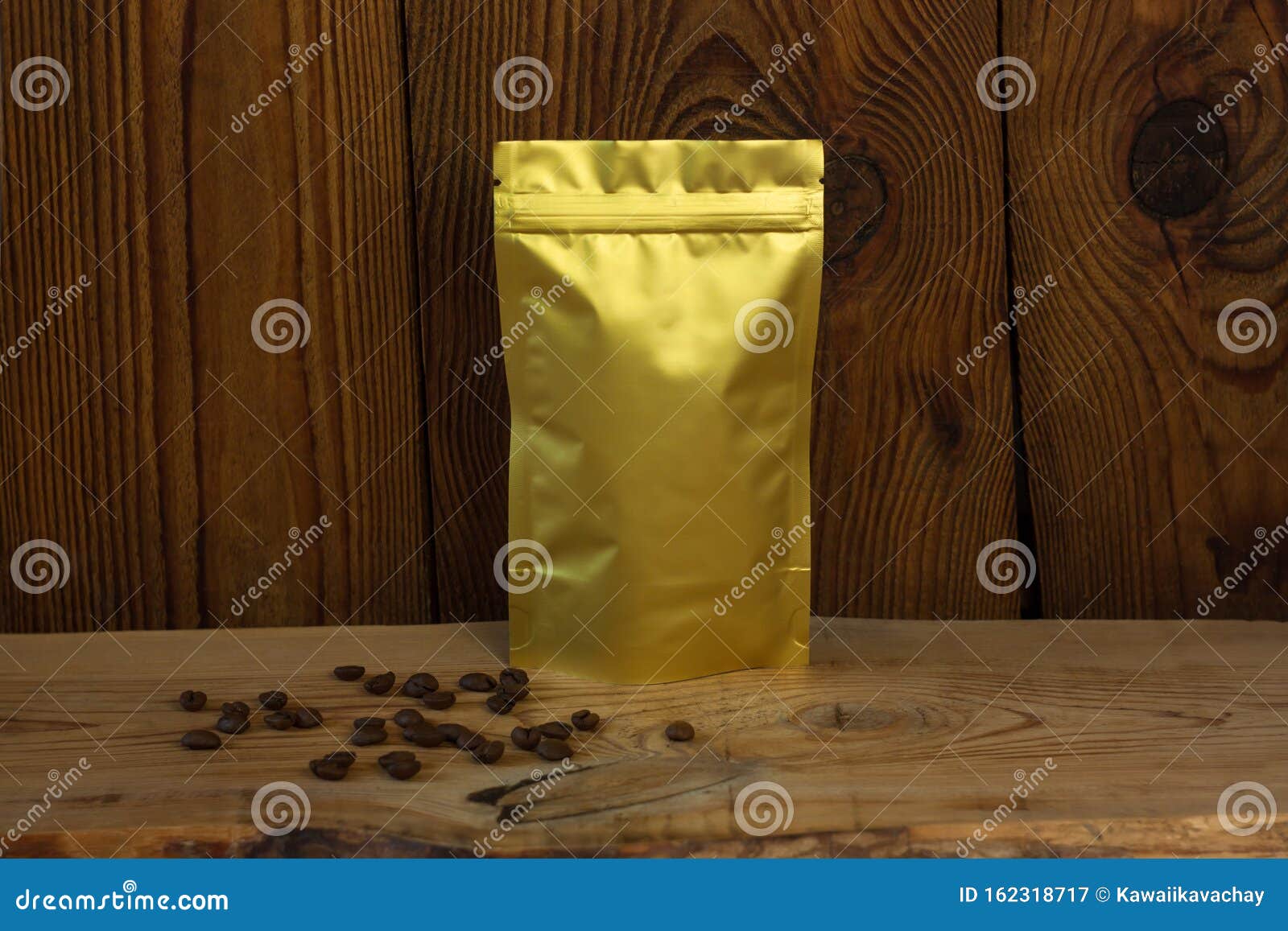 Download Brown Kraft Paper Pouch Bags With Coffee Beans Front View On A Wooden Background Stock Image Image Of Folded Natural 162318717