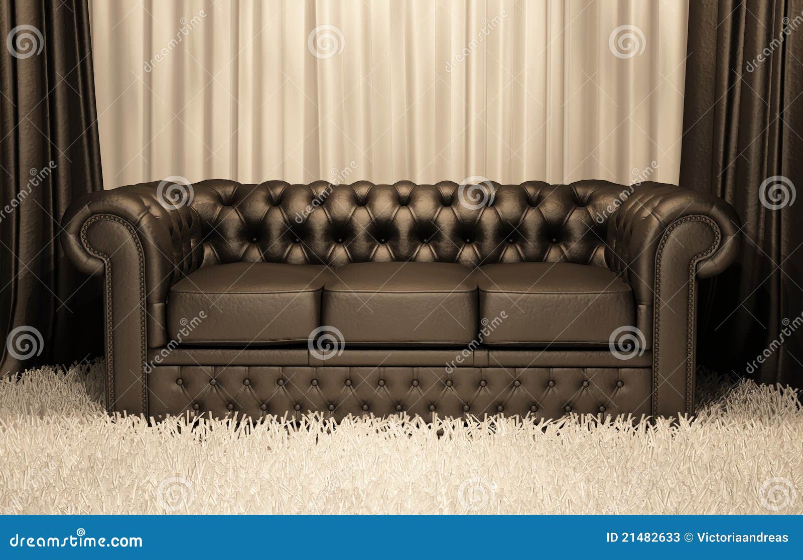 Brown Leather Chester Sofa in Luxury Interior Stock Illustration