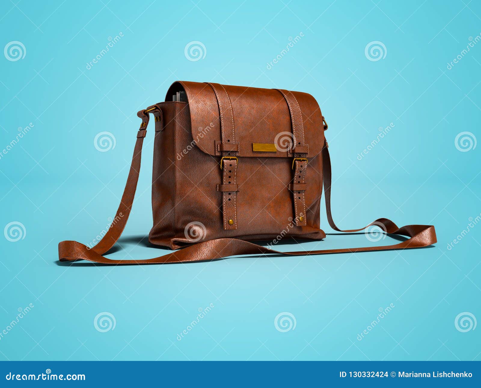 Brown Leather Postal Bag with Parcels 3d Render on Blue Background with ...