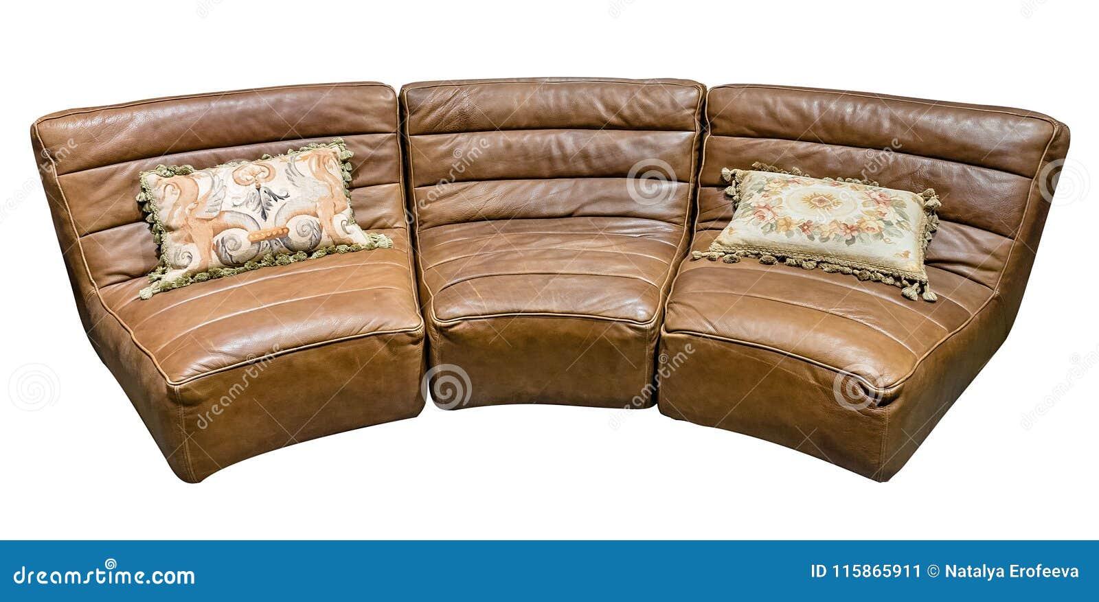 Brown Modular Leather Semicircular Sofa with Tapestry Cushion Isolated