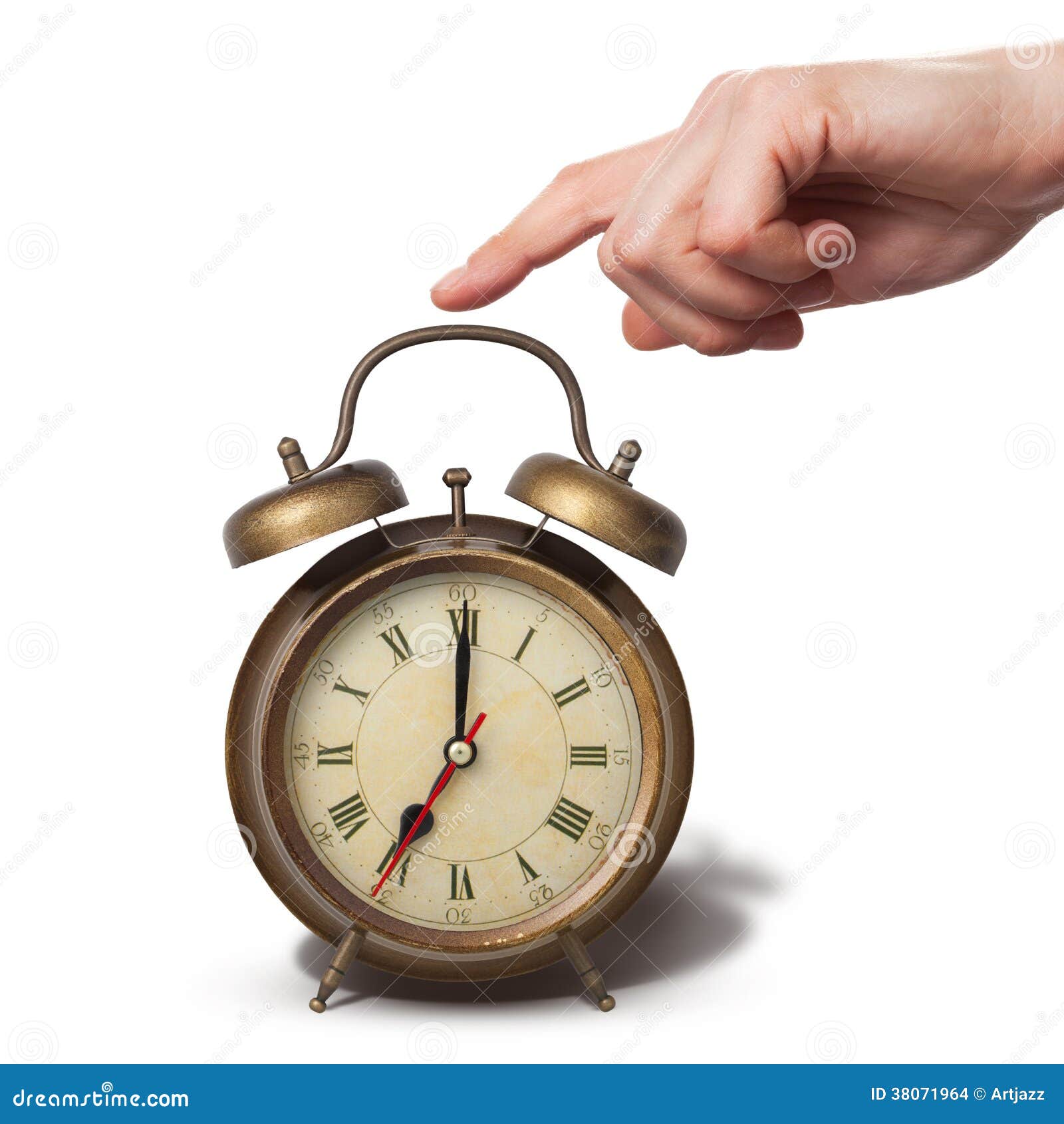 Brown Old Style Alarm Clock with Hand Isolated on White Stock Photo