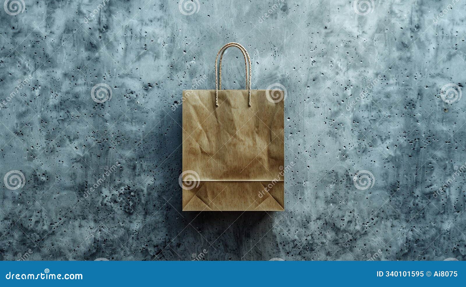 brown paper bag mockup with rope handles on industrial concrete surface, ai generated