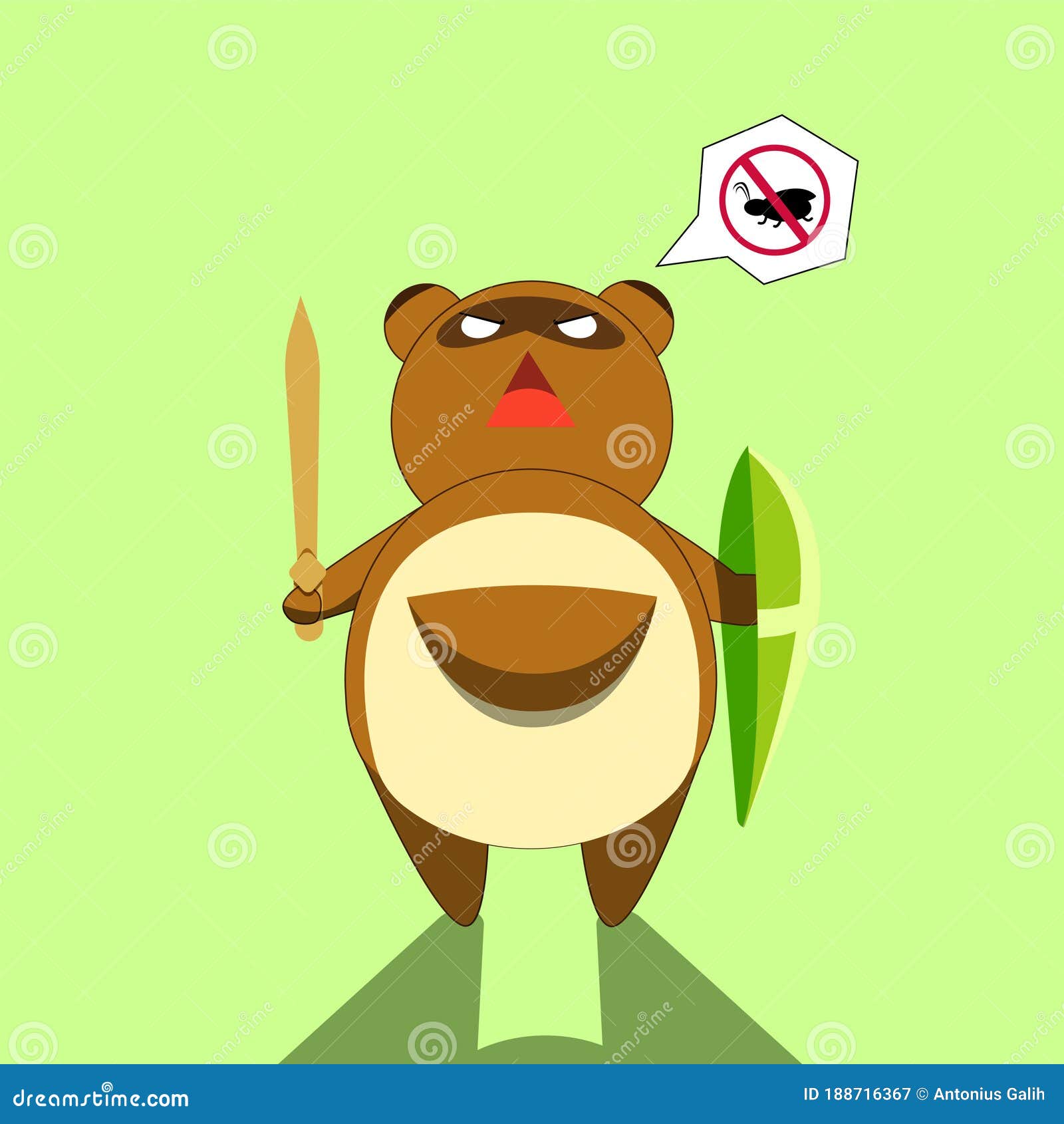 Brown Raccoon Fight for a Bugs with Holding a Small Sword and a Shield