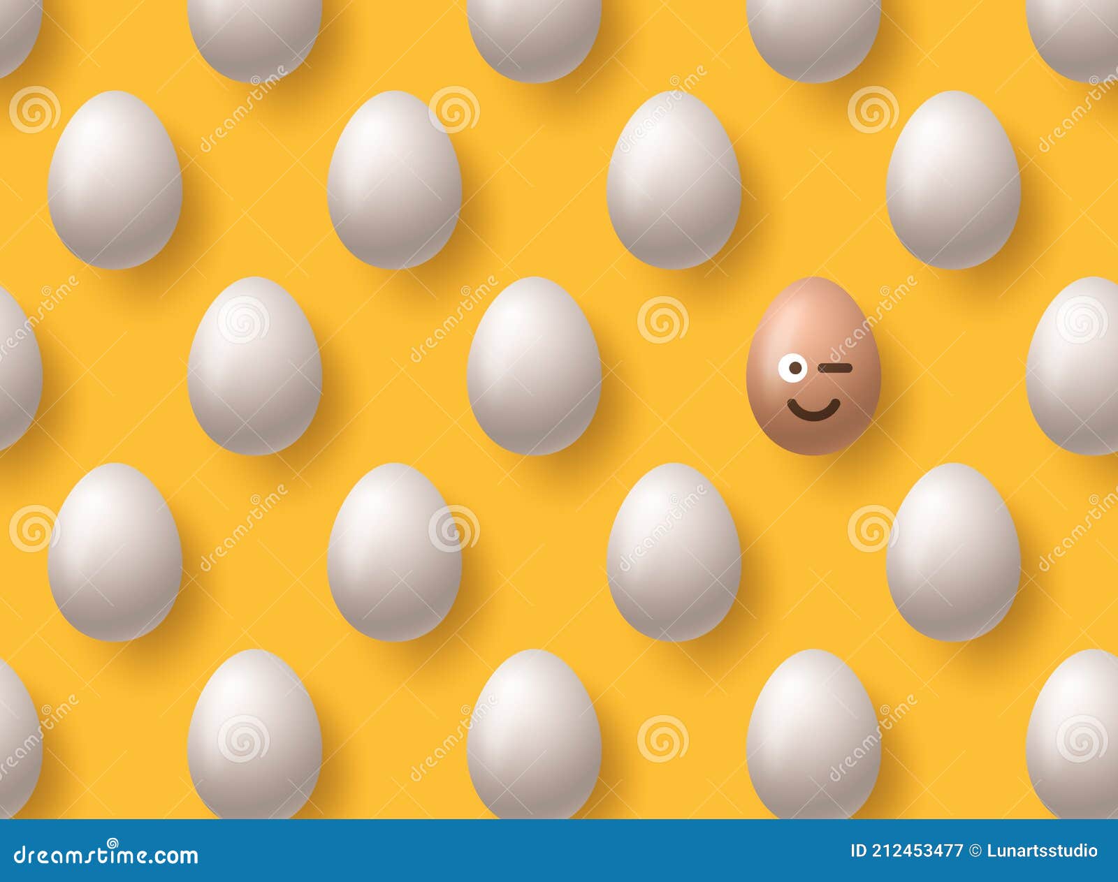 Brown Realistic Easter Eggs Emoji Smile on Yellow Background. Seamless