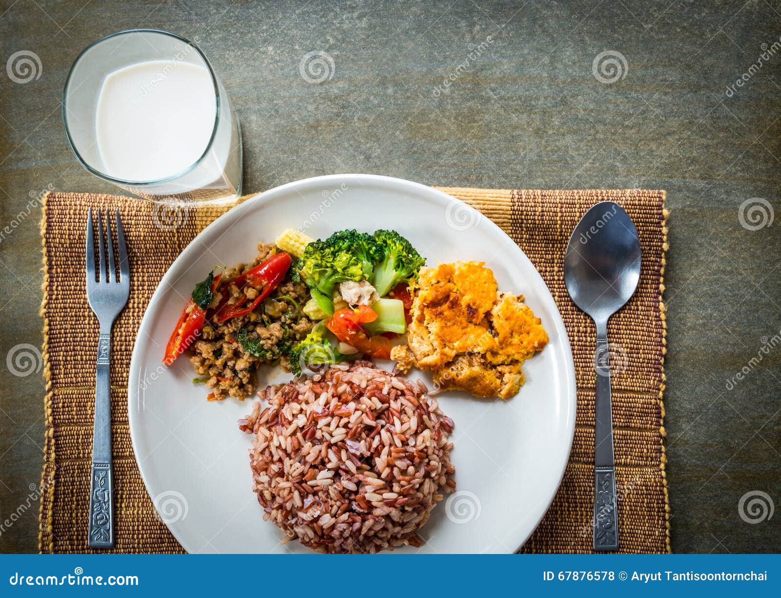 Brown Rice with Side Dish and Milk. Stock Photo - Image of food